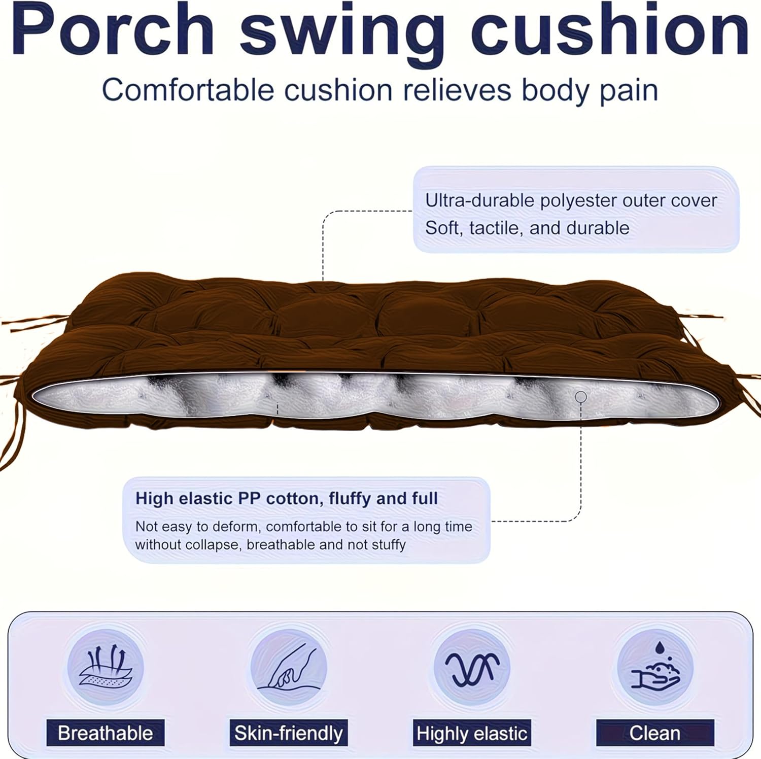 Porch Swing Cushions 3 Seater Replacement with Backrest, 60 inch Waterproof Outdoor Swing Cushion for 2-3 Seat, Thickened Universal Bench with Non-Slip Ties for Patio, Garden (coffee, 60x40inche)
