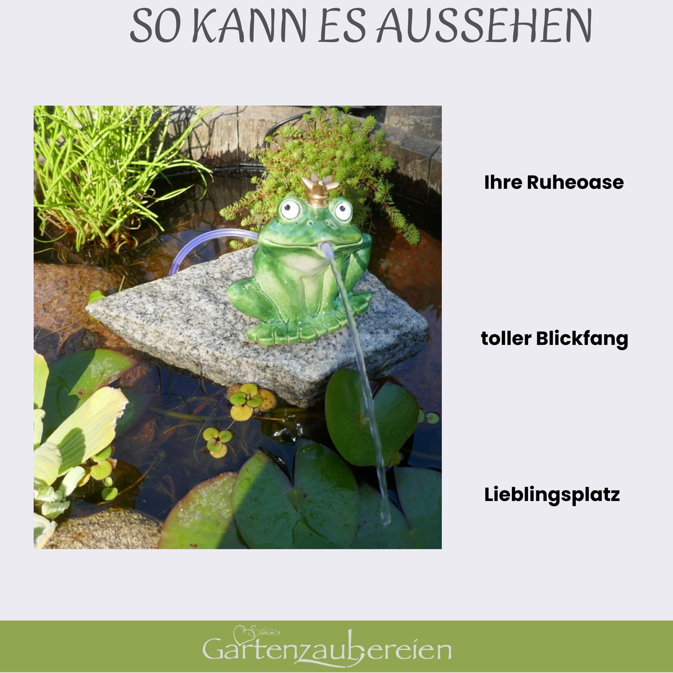 Wasserspeier Frosch 16cm mit Solarpumpe aus Keramik für Miniteich - Balkon und Terrasse