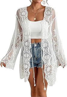 Women Mesh Lace Kimonos 2025 Swim Cover Up Summer Bikini Beach Coverup Boho Back Cutout Sheer Kimono Cardigan