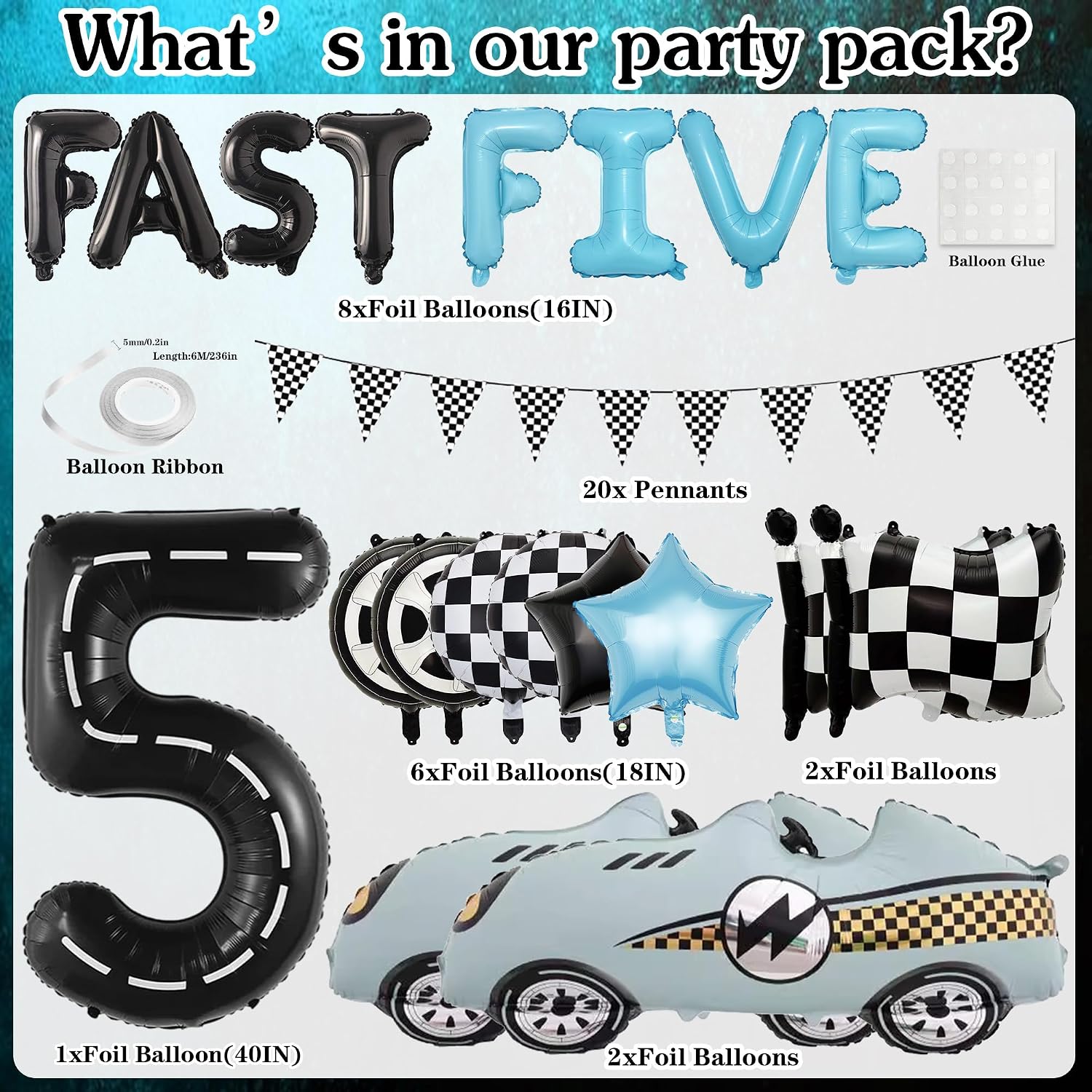 Fast Five Birthday Decorations for Boys, Race Car 5th Balloons image 2