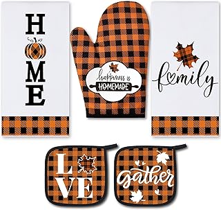 5 Pieces Thanksgiving Buffalo Plaid Dish Towels Pot Holders Oven Mitts S...