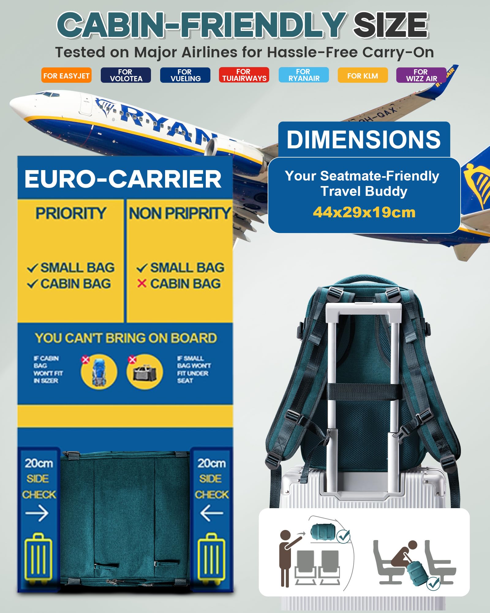 BJLFS Zaino da viaggio aereo Bagaglio a mano con Pompa per Sottovuoto Borse da Cabina per Ryanair 40x20x25 Airback con compressione sottovuoto,Zaino Casual per laptop da 14 pollici per Viaggi