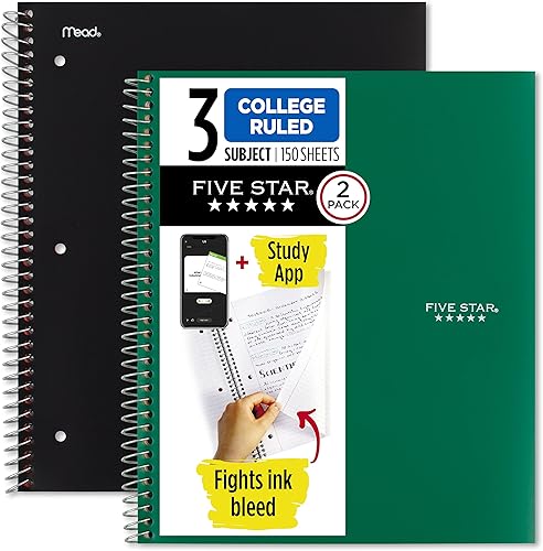 Five Star Cuaderno en espiral Plus aplicación de estudio, paquete de 2, 3 materias, papel rayado universitario, 11 x 8-12 pulgadas, 150 hojas,