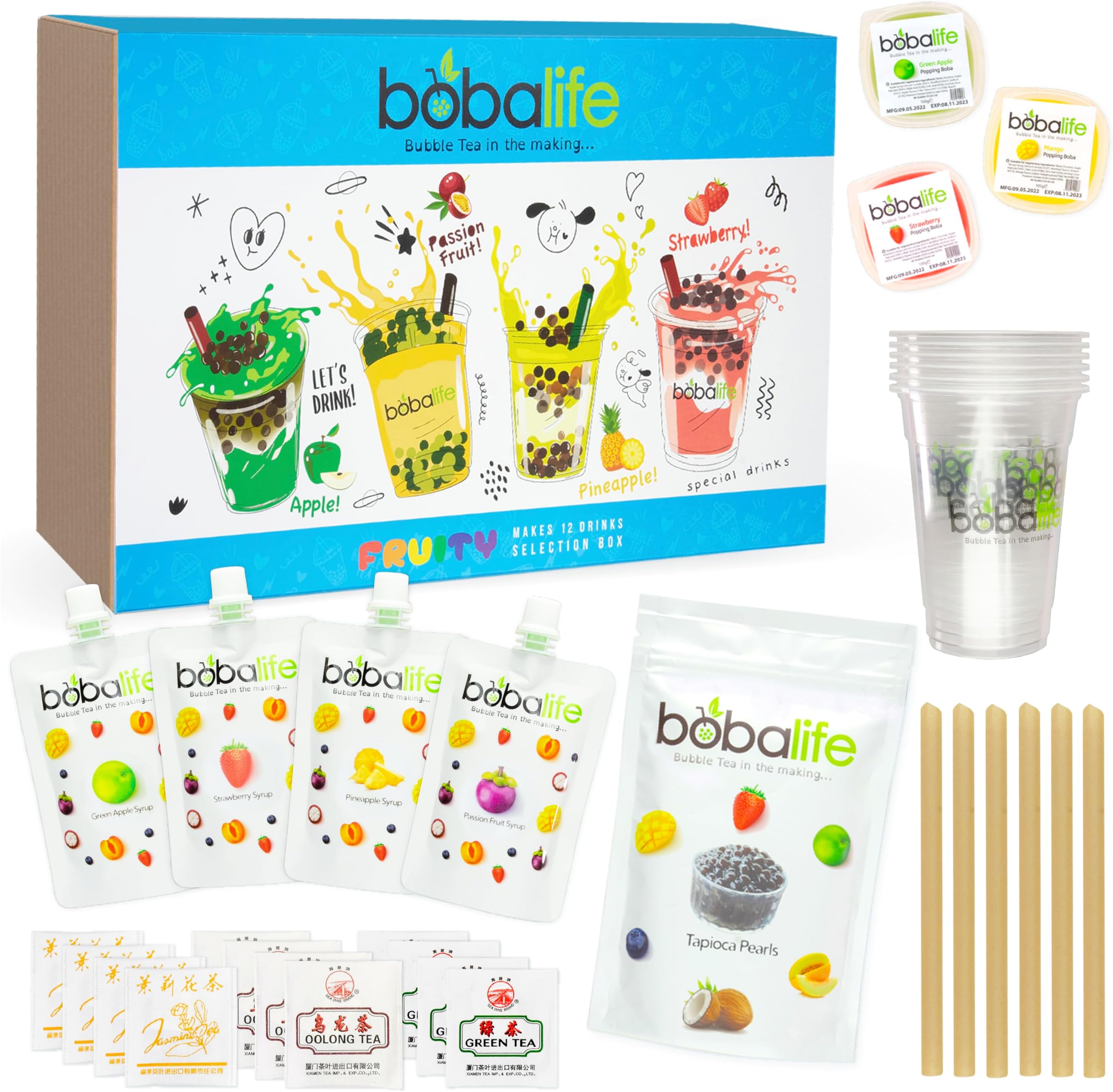 Fruity Bubble Tea Kit with Popping Boba & Tapioca Pearls - Make 12 Delicious Fruit Tea Drinks At Home - Green Apple, Strawberry, Passion Fruit Flavors - Fun DIY Boba Tea Set