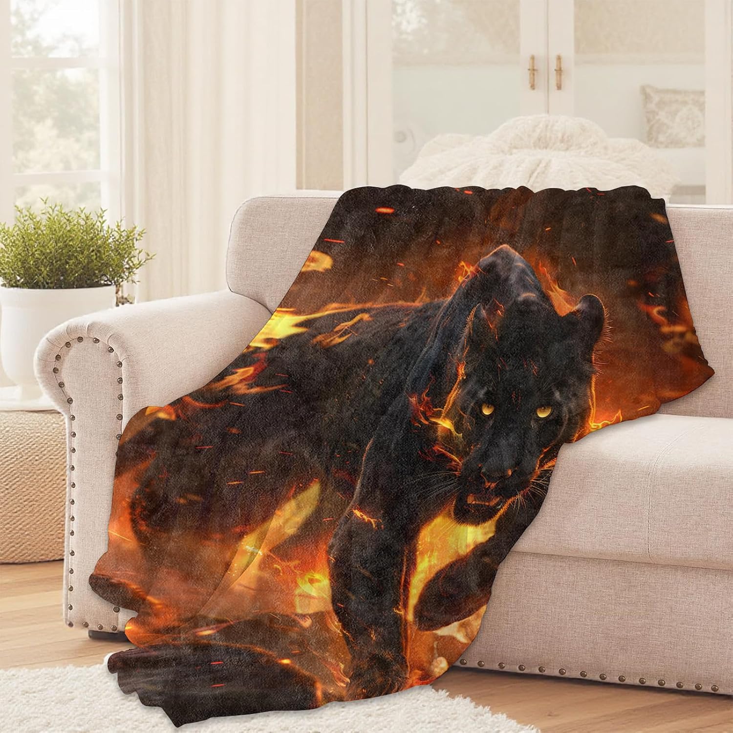 Black Panther Fire Theme Throw Blanket for Girls Boys Kids Adults, 60x80 in, Cozy Flannel Blanket for Bedroom, Camping, Couch, Room Decor, Fuzzy Warm Soft Gifts
