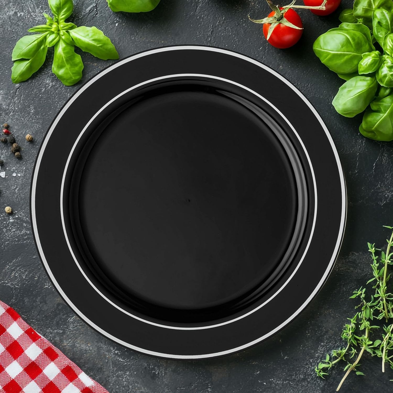 Smarty Had A Party Dinnerware Set for 120 Guests, Black with Silver Rim 7.5 Inch Salad Plates, Elegant Disposable Plates