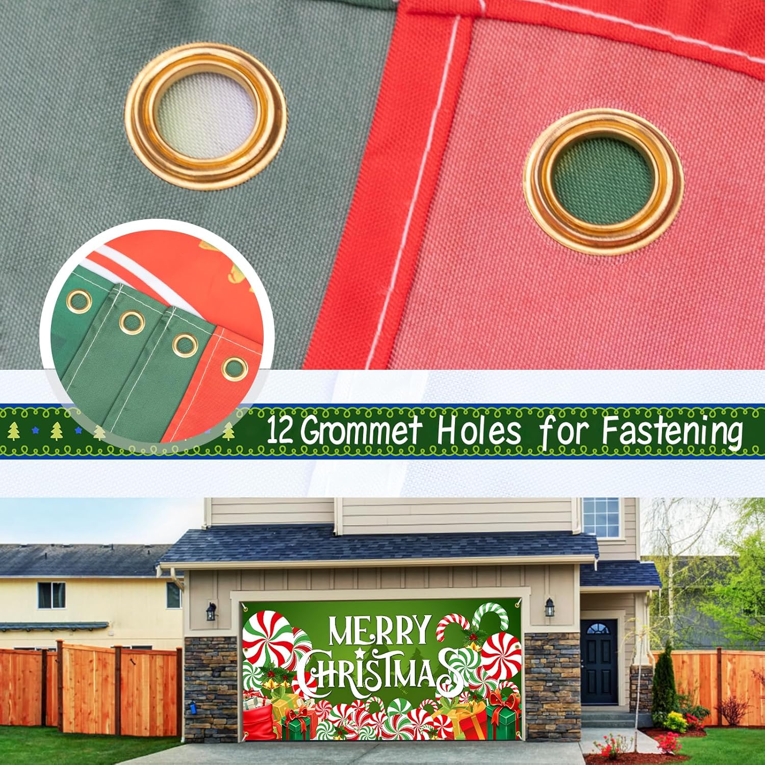 7x16ft Christmas Garage Door Cover, 2025 Holiday Decorations for Double Doors, Outdoor Christmas Banner (Green)