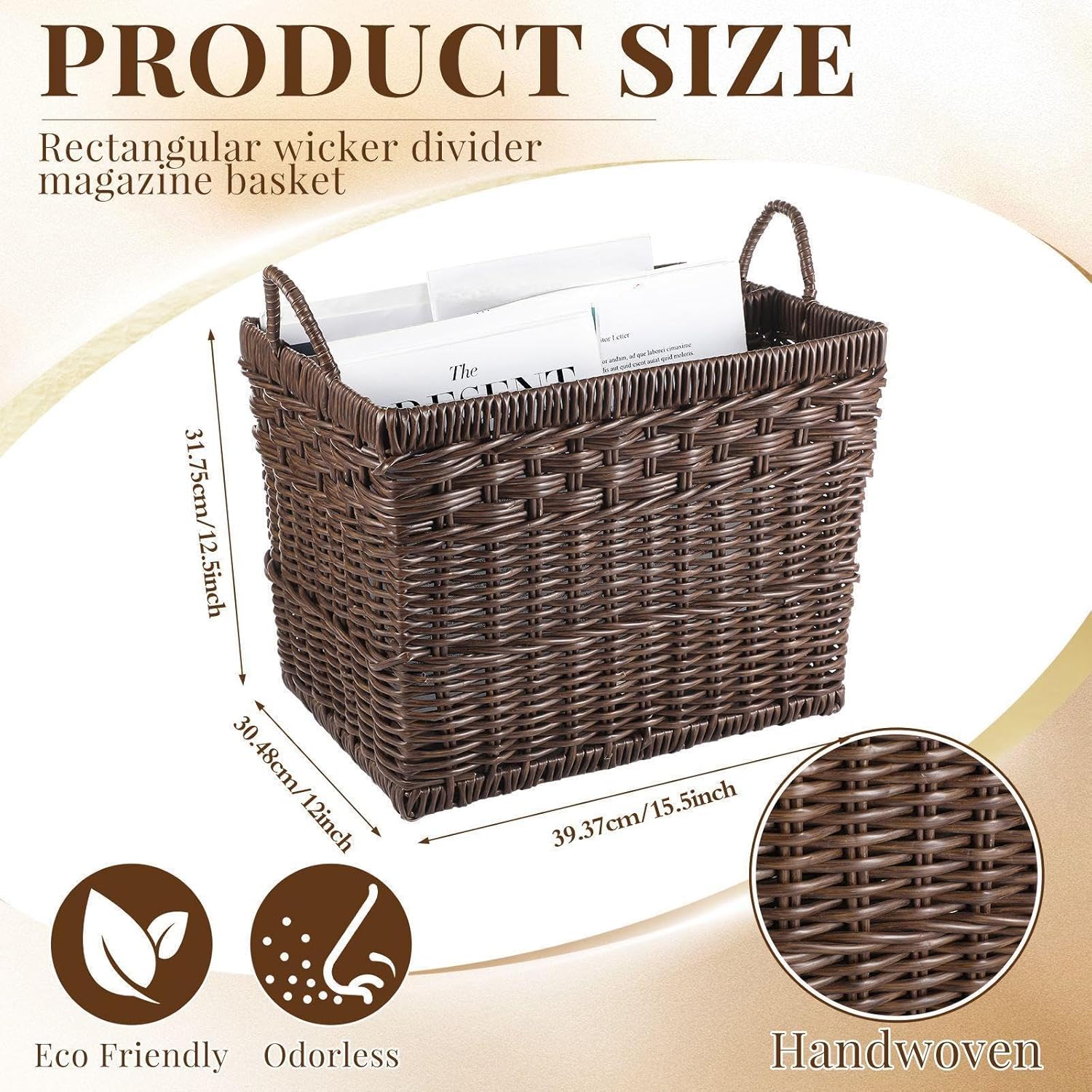 Hand Woven Magazine Holder Rectangular Wicker Divided Magazine Basket with Handle Newspaper Book Storage Basket Organizer for Office Living Room Home Office, 15.5 x 12 x 12.5 Inch