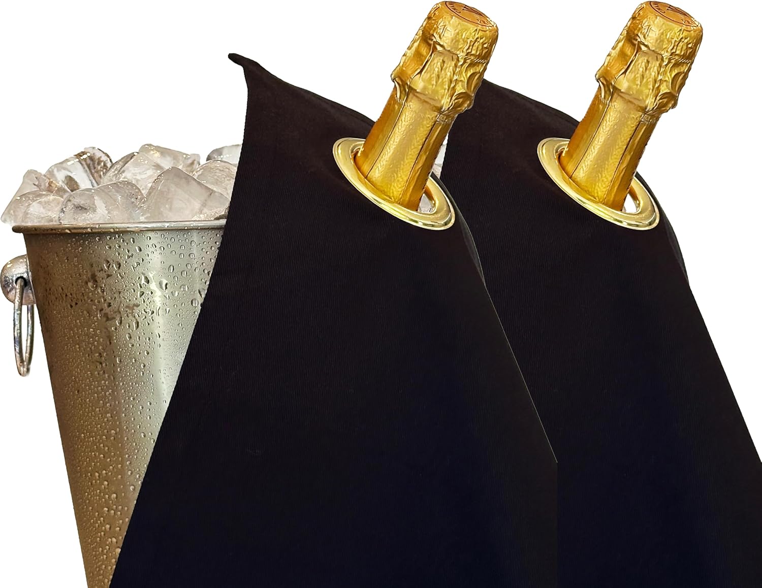 Classic Collection, Bottle Cloths with Metal Ring for Ice Buckets, Cotton, 42 cm, Corner Hole (Black with Gold Ring, Pack of 2)