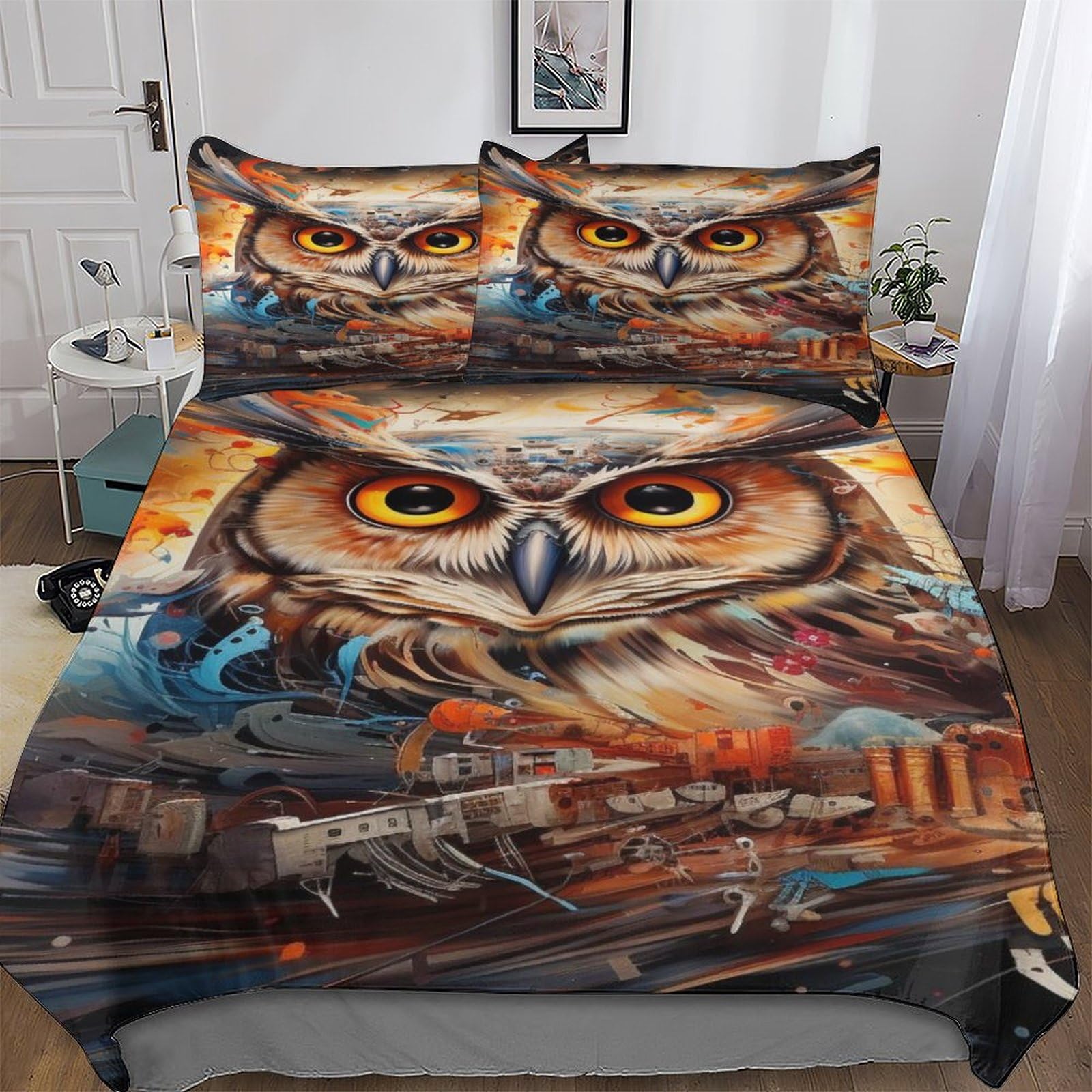 Housse de couette hibou zippée en microfibre pour simplifier le changement de lit double 200x200