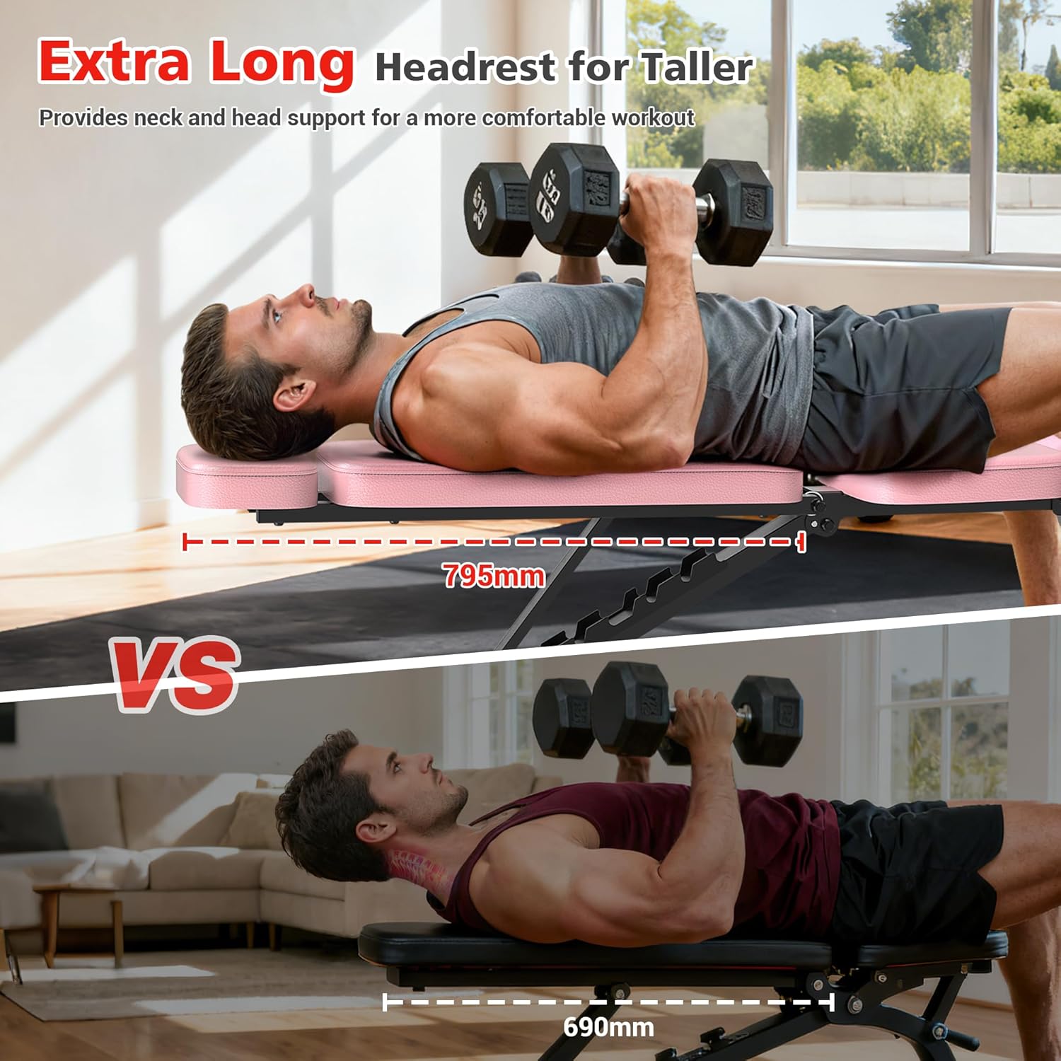 XDDIAS Workout Bench, 10 Backrests Adjustable Weight Bench with Extended Headrest, 800LBS Foldable Weight Bench for Home Gym, Incline Decline Flat Bench Compact for Small Space Training