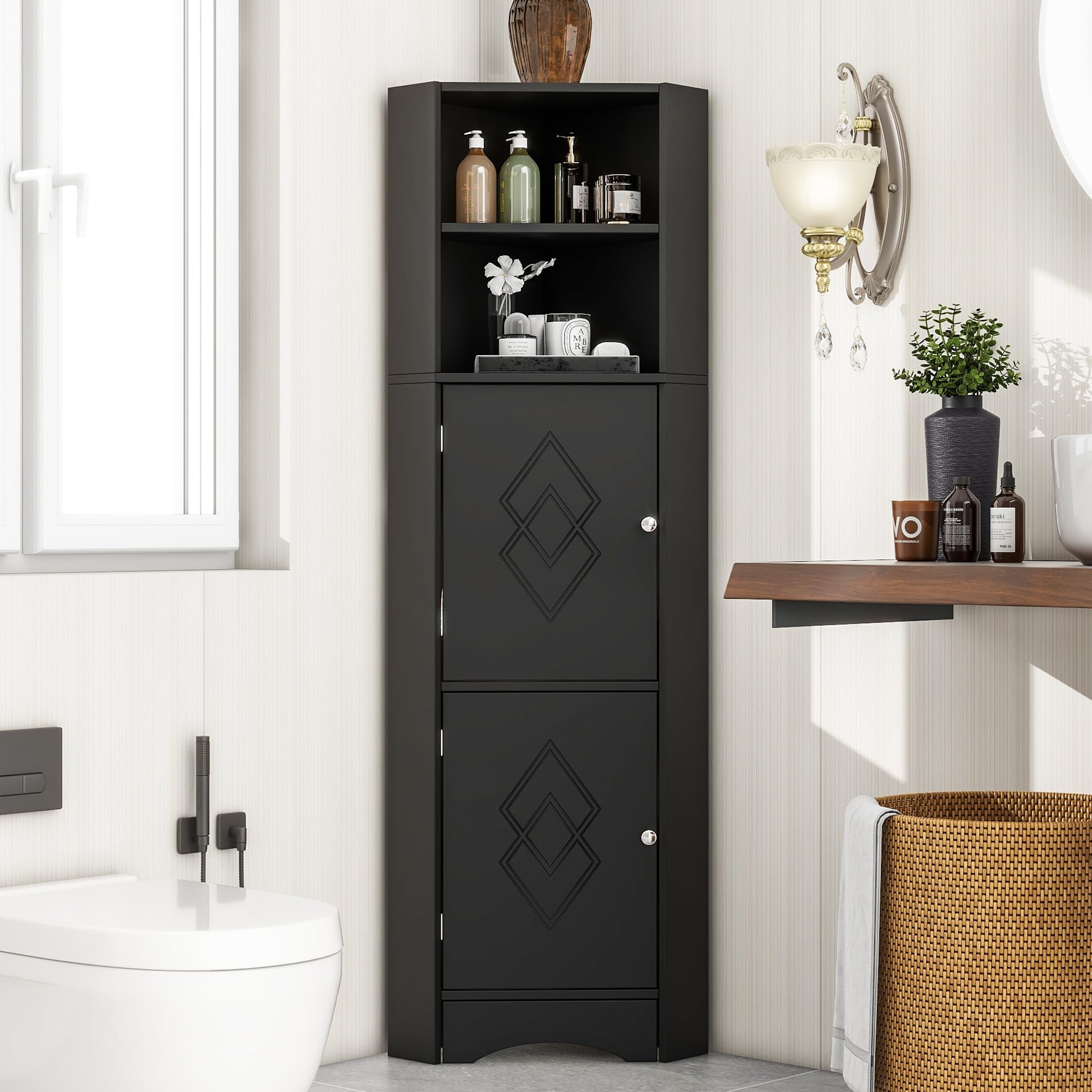 Merax Badezimmerschrank, Badschrank Eckschrank, Badezimmer Aufbewahrungseinheiten, Badezimmermöbel mit 2 Türen und offenem Aufbewahrungsregal, Verstellbarem Einlegeboden, 36,5x36,5x155cm, Schwarz Küche, Haushalt & Wohnen