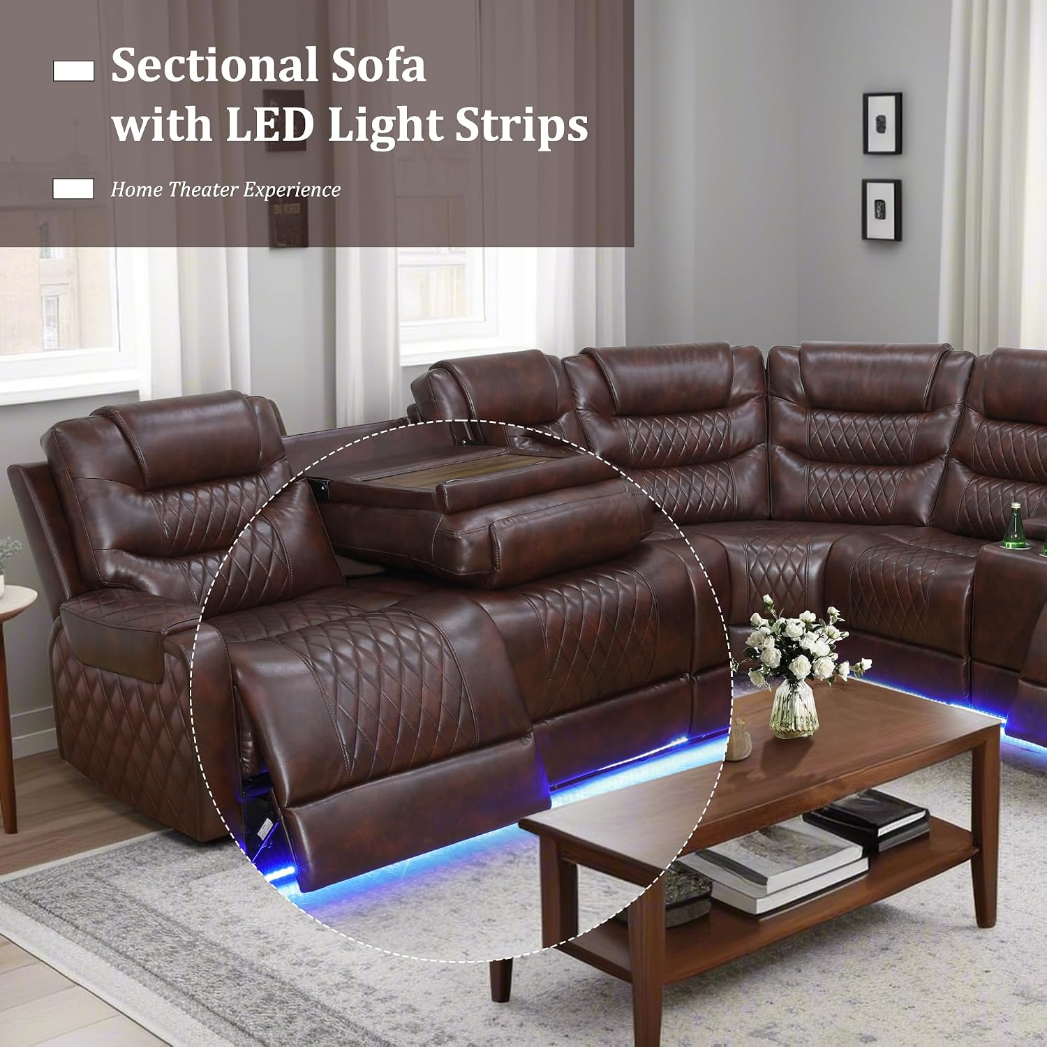 Breathing Leather Recliner Sectional Sofa, Power Reclining Sectional Couch with LED, L Shaped Recliner Couch 6 Seat Sofa for Living Room with USB Port&Cup Holders (Dark Red)