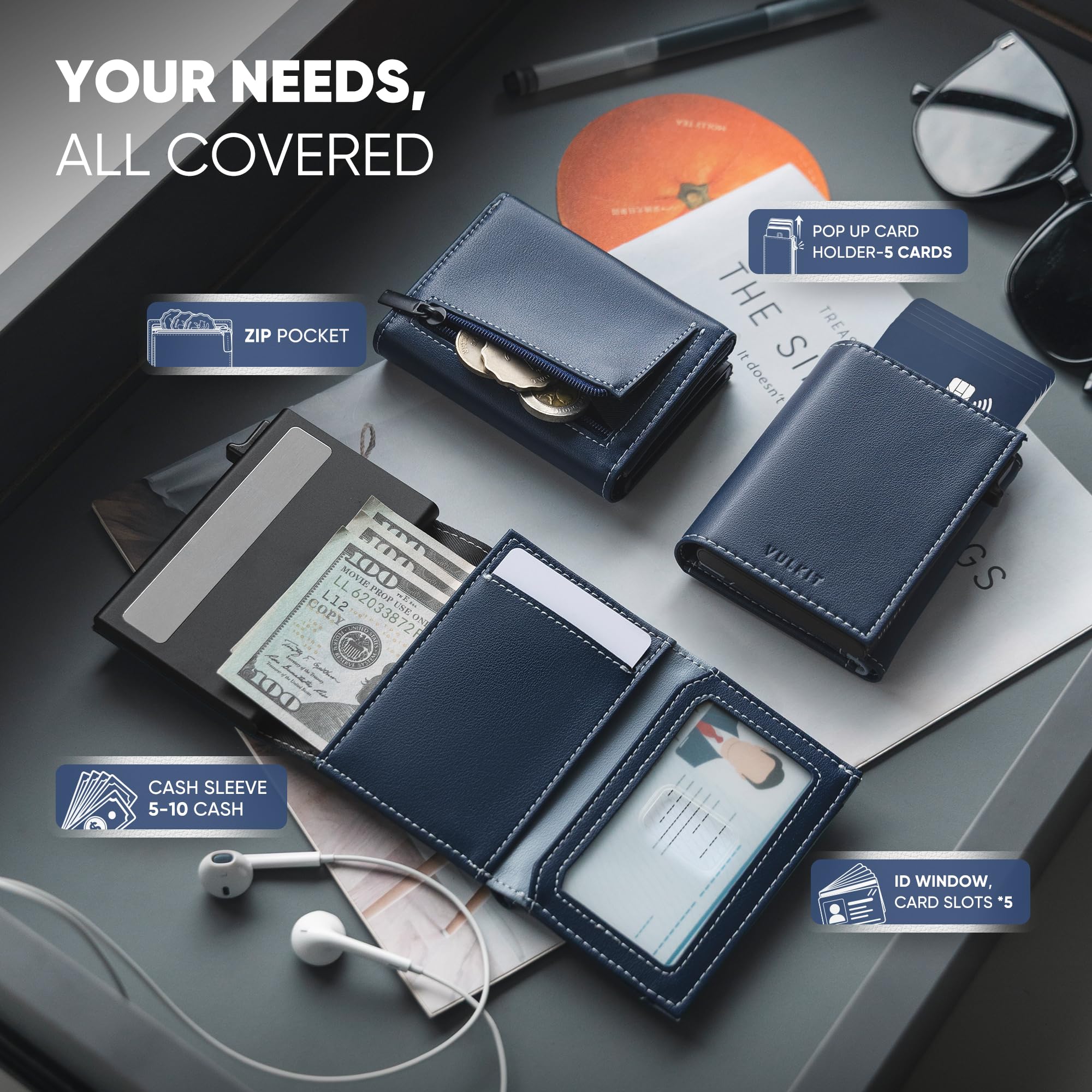 VULKIT Cartera Hombre con Tarjetero Pop-up, Bloqueo RFID y Cierre Magnético