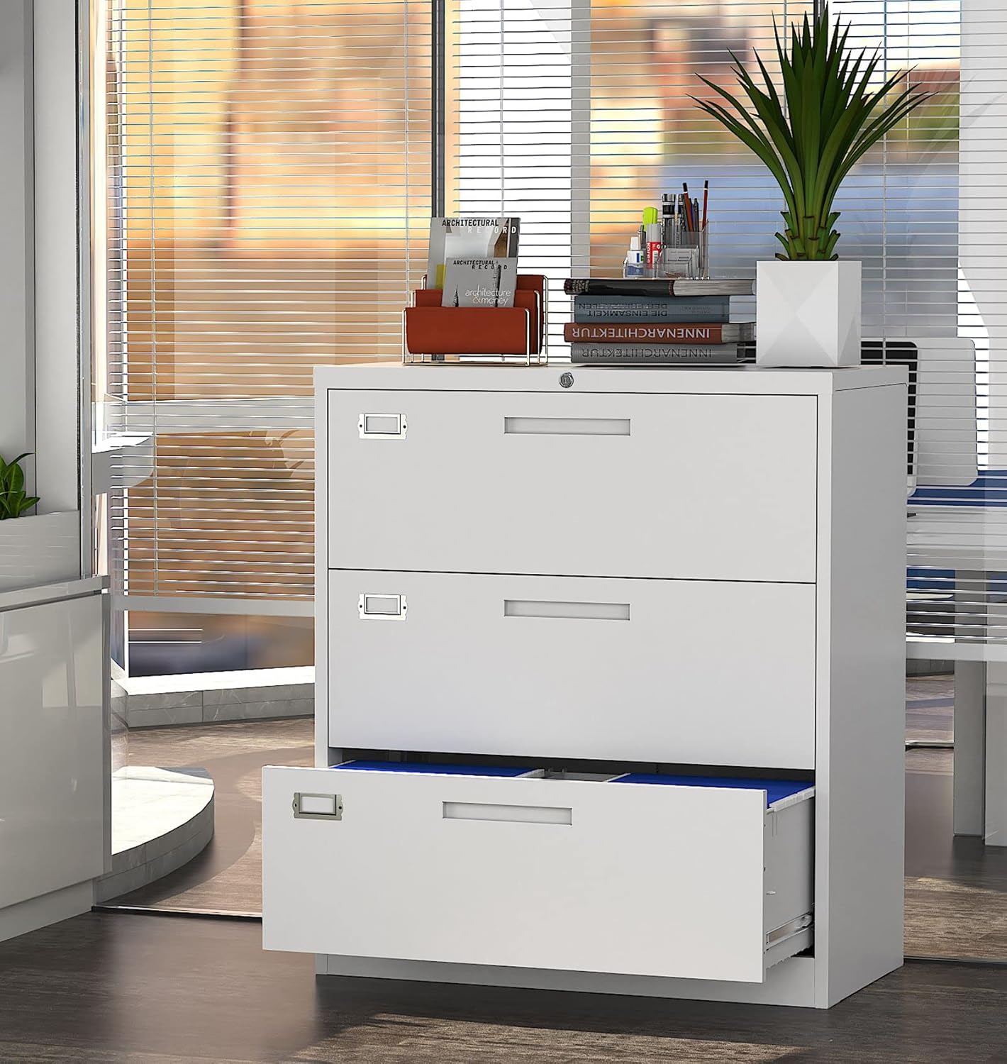 MIIIKO Lateral File Cabinet 3 Drawer, White Metal Filing Cabinet with Lock Lock for Home Office, Large Storage File Organizer for Hanging File Folders,Easy Assemble