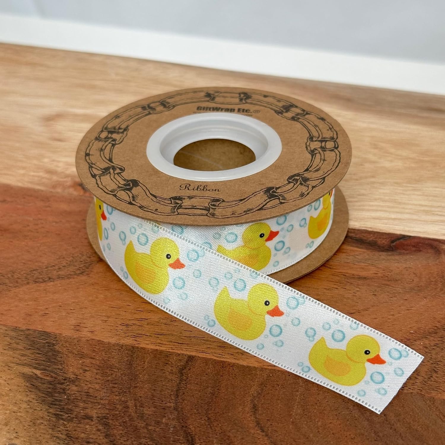 Rubber Duck Satin Craft Ribbon - 1" x 25 Yards, White Ribbon with Yellow Rubber Duckies, Christmas, Birthday, Baby Shower, Gift Bow, Diaper Cake, Hair Bows, Gender Reveal, Valentine's Day, Easter