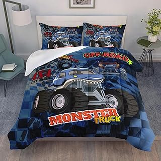 AILONEN Truck Comforter Set Twin Size, 3D Monster Truck on Blue Background Theme Bedding Set for Kids Boys Girls All Season,Soft Microfiber,3 Pieces,1 Quilt and 2 Pillowcases