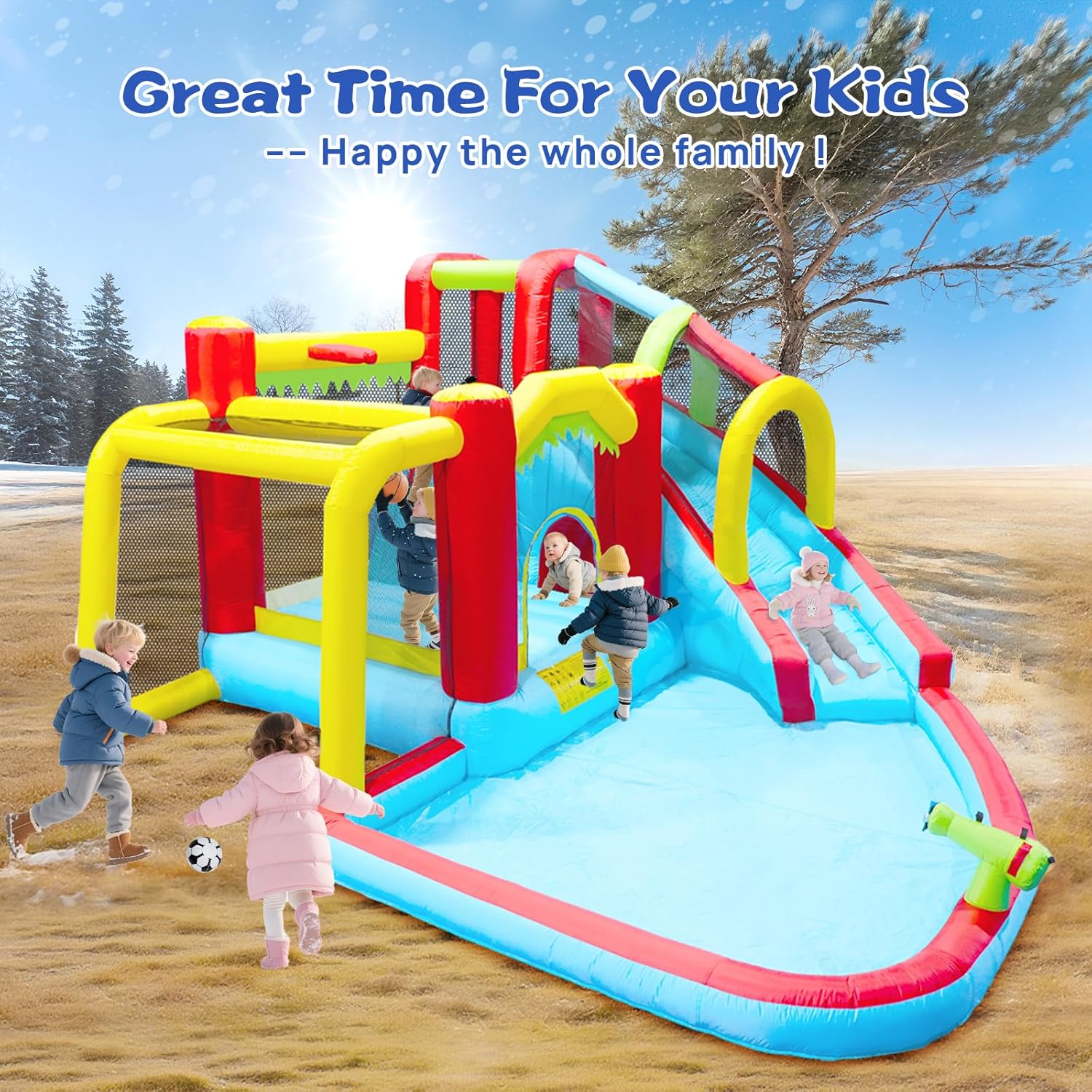 Inflatable Water Slide Bounce Castle with Blower, Dry and Wet Blow Up Jumping Bouncer with Slide, Climbing Wall, Basketball, Funny Tunnel, Soccer, Ball Pit Pool for Outdoor
