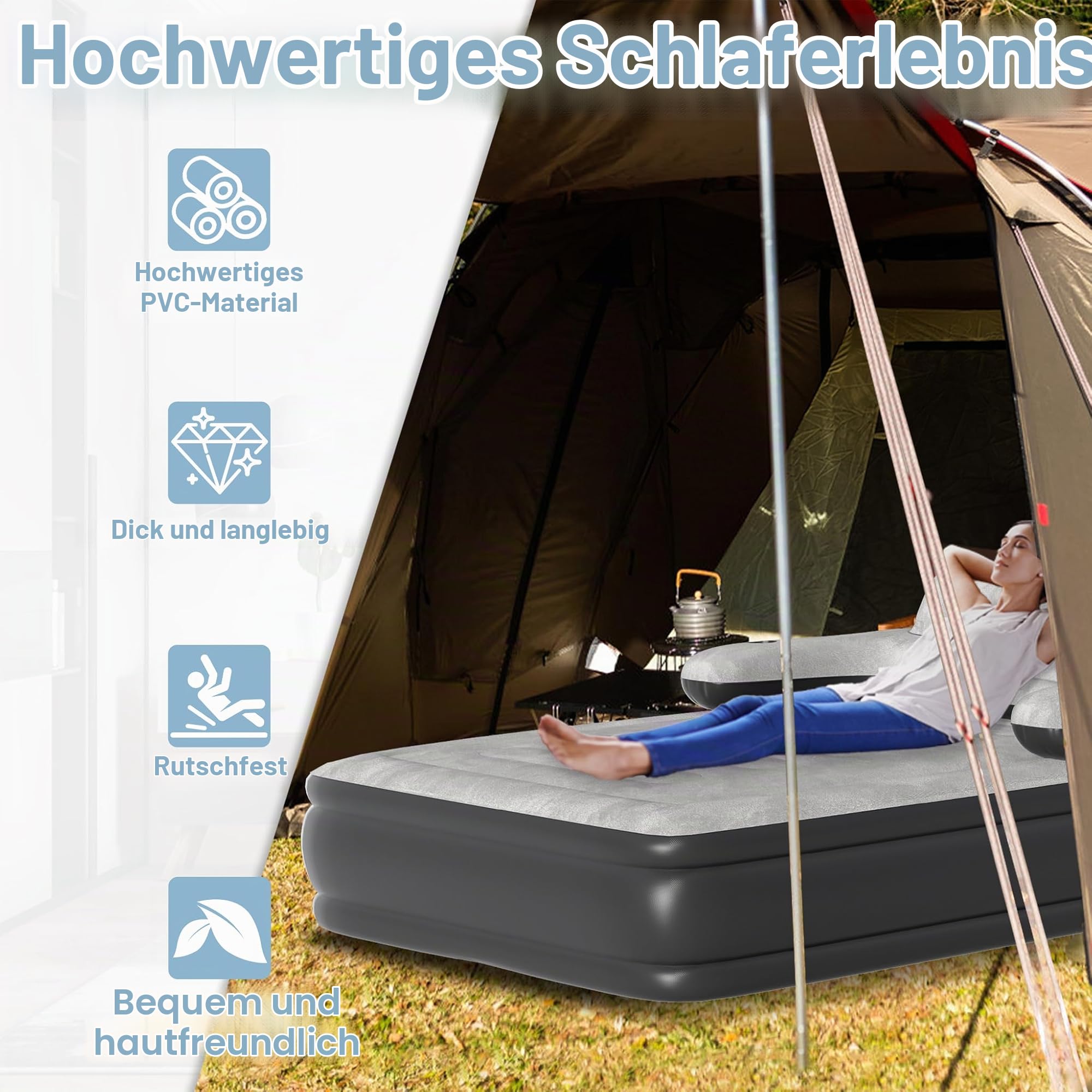 NAIZY Luftmatratze 195×146×42 cm Luftbett für 2 Person Aufblasbare Matratze mit Rückenlehne Camping Bett inkl. Luftpumpe, Gästebett Reisebett Max bis 250KG
