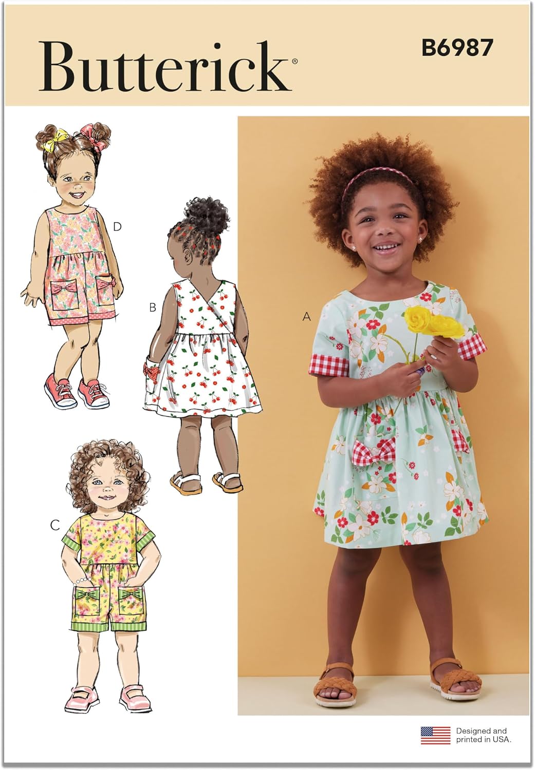 Butterick B6987A Toddlers' Dresses and Rompers Sewing Pattern Packet, Design Code B6987, Sizes 1/2-1-2-3-4
