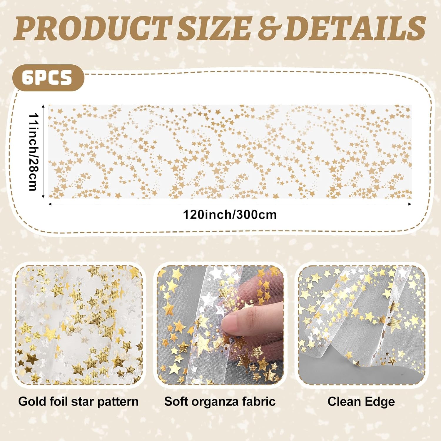 Shihanee 6 Pcs Gold Table Runner Bling Star Table Runner, 11"x118" Golden Sheer Chiffon Tulle Sequin Glitter Metallic Foil Gold Tabletop Decor for New Year Party Birthday Wedding Holiday Dinner