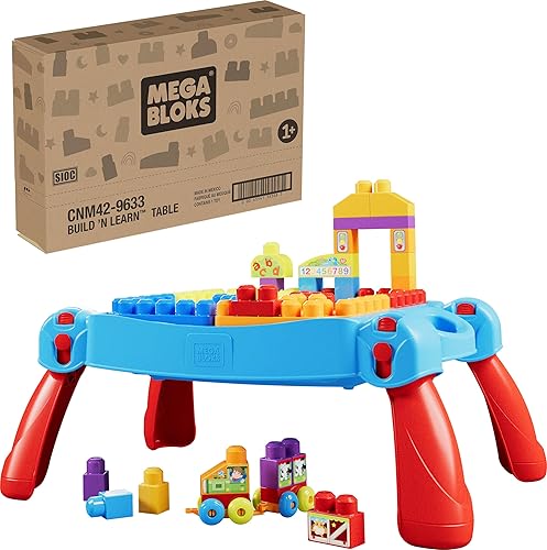 MEGA BLOKS Fisher-Price - Bloques de construcción para niños pequeños, mesa de actividades Build n Learn con 30 piezas, auto de juguete y