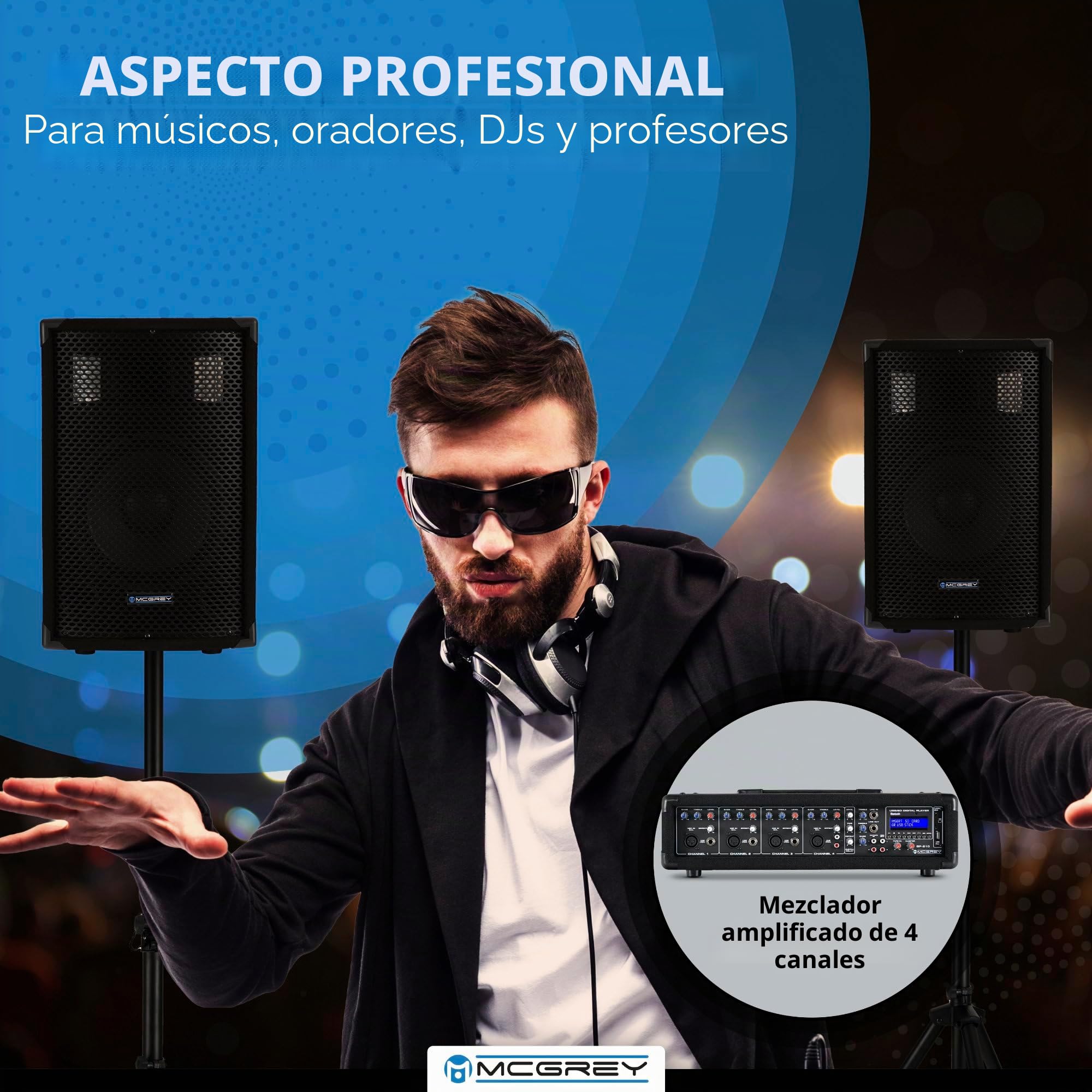 McGrey BP-210 Bandpack PA-Anlage 100 Watt, Entrada Jack no balanceada de 6 | Mezclador de potencia de 4 canales, Entrada XLR balanceada para micrófonos dinámicos, 35 mm, Time (140 - 342 ms) y Repeat