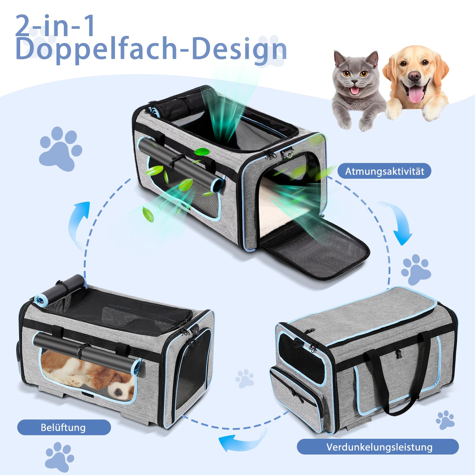 Große Transportbox mit abnehmbaren Rädern, 2-in-1 faltbar, für Hunde & Katzen, Teleskopgriff, für Auto/Outdoor/Indoor, max. 20 kg (44 lbs), Nicht für Flugreisen
