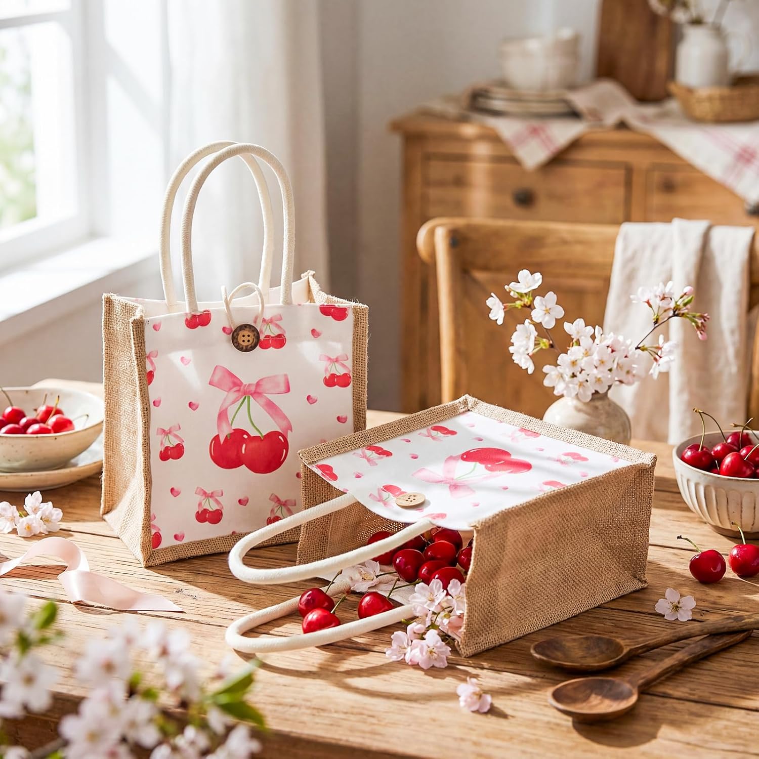 Abbylike 8 Pcs Cherry Bow Gift Bags Pink Burlap Candy Goodie Party Favors Bag with Handle Reusable Canvas Coquette Tote for Women Bridal Wedding Baby Shower Party Decor image 3