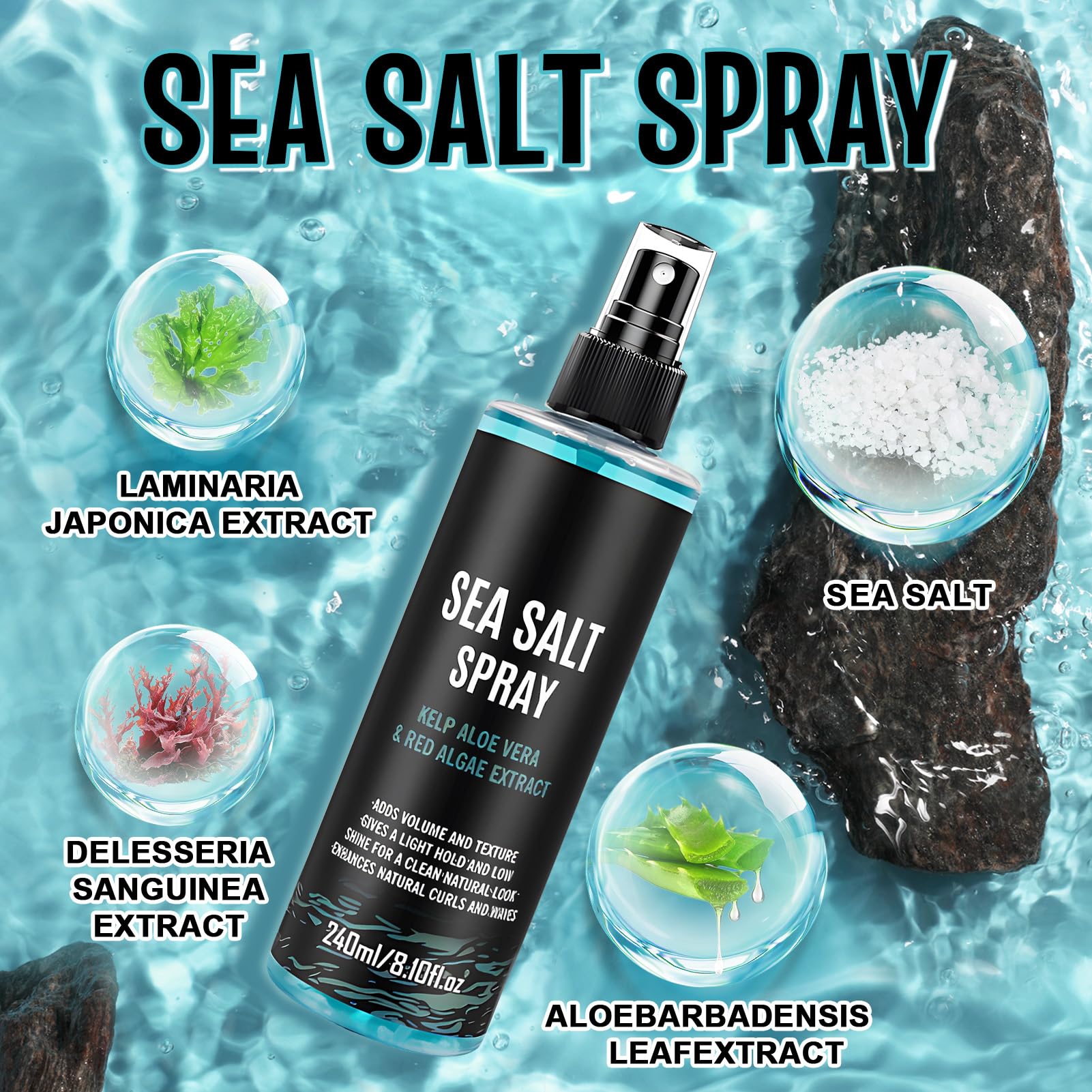 Spray Salino al Sale Marino, Acqua Marina per Capelli Uomo, Salt Spray Hair, Sea Salt Spray, Aggiunti Estratti di Alghe, Alghe Rosse e Aloe Vera, 240 ML