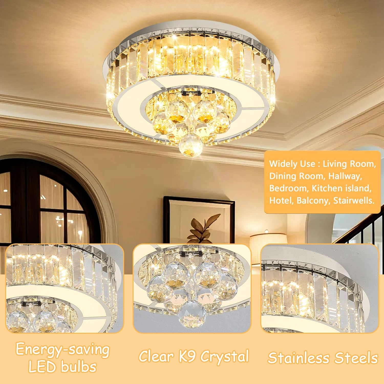 11.8" Silver Modern Crystal Chandeliers for Dining Room LED Dimmable Light Fixtures Flush Mount Light Living Room Bedrooms
