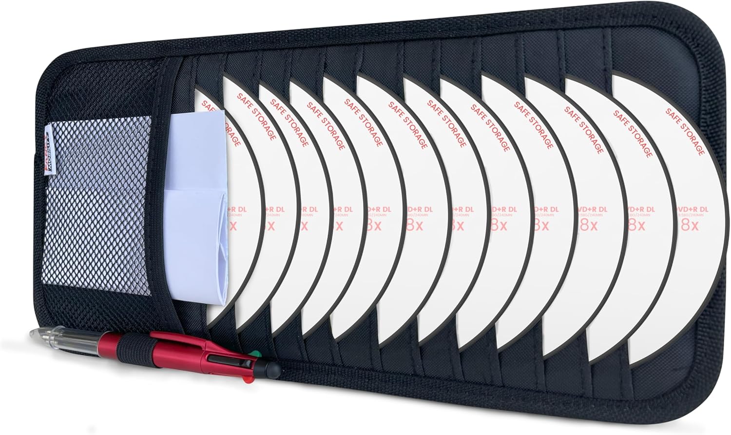 CD Case Holder for Car - Sun Visor Organizer for 12 CD’s/Dvd’s, 1 Mesh Pocket & 1 Horizontal Pen Holder - Safe, Ergonomic Design (Black)