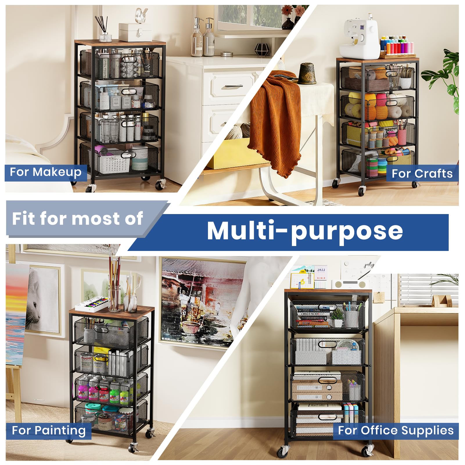 WELDUN Carrello con cassetti, 4 ripiani, con ruote bloccabili | Carrello portaoggetti in metallo, per cucina, bagno, scuola, studio, ufficio, camera da letto, nero