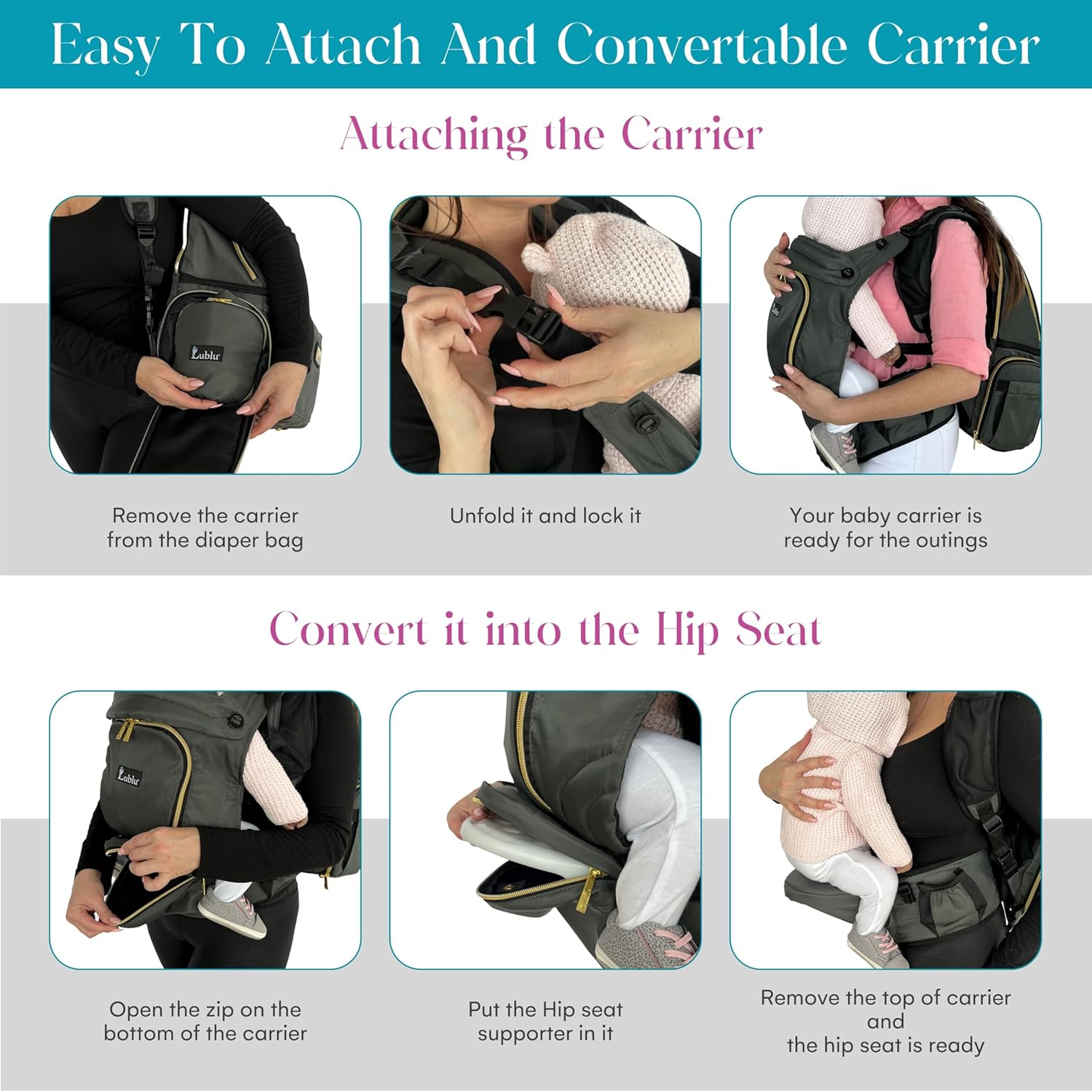 Lublu Diaper Bag Backpack with Baby Carrier, Hip Seat, Changing Pad, Insulated Pockets, Black or Grey