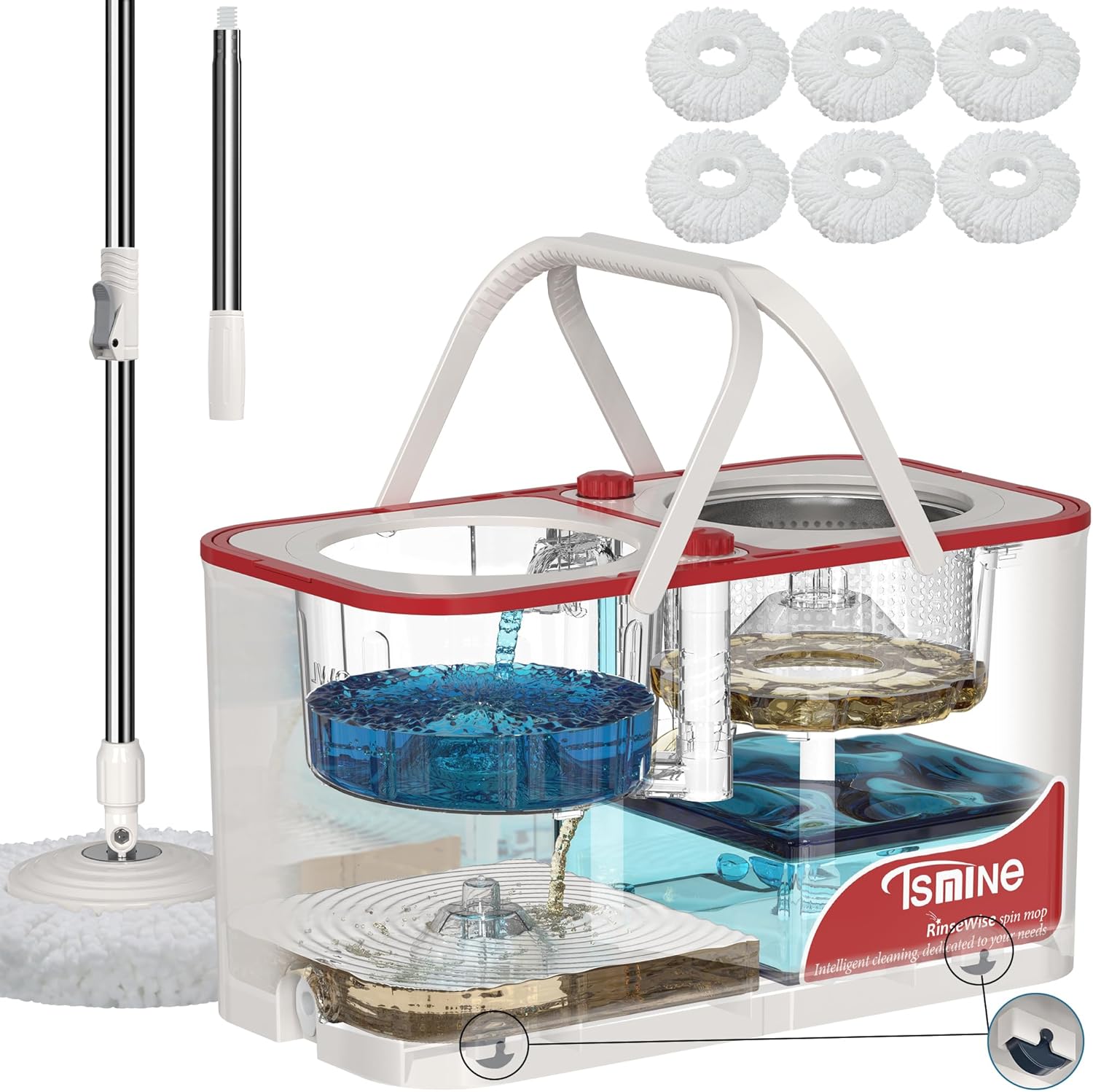 Spin Mop and Bucket,Mop Bucket with Separates Dirty and Clean Water,4-Chamber Mop and Bucket with Wringer Set for Home,Household Cleaning Tools with 6 Replacement Mop Heads,4X Wheel -White White/Red+6 Mop Heads