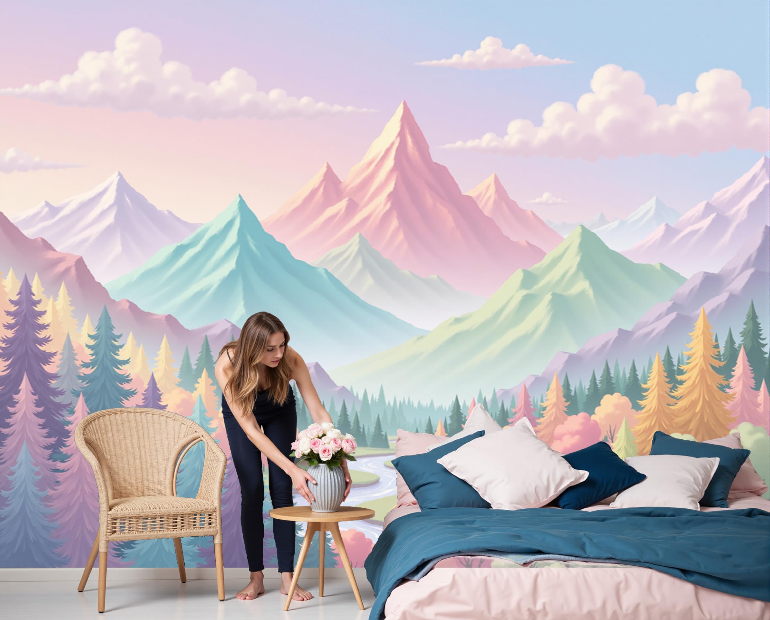 Fresque murale aquarelle rêveuse pour salon apaisant
