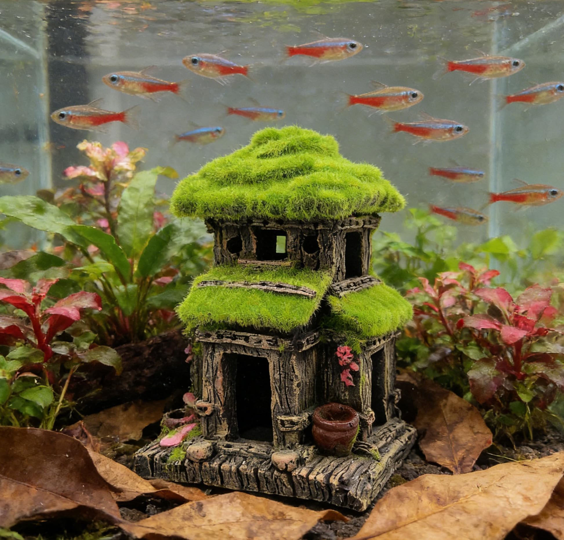 M2cbridge Decorazione per acquario, casetta per pesci Betta con muschio verde realistico (stile 3)