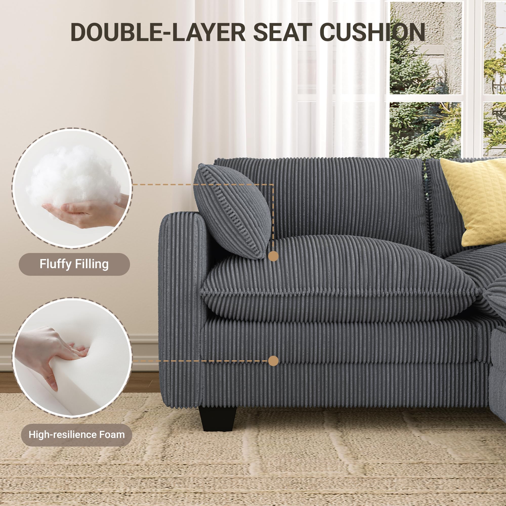 Xbro Divano Modulare a L 2 Posti con Pouf, Divano Cloud in Tessuto a Coste, Seduta Profonda e Morbida, Rivestimento Sfoderabile, Divano Compatto per Soggiorno e Camera, Grigio Scuro