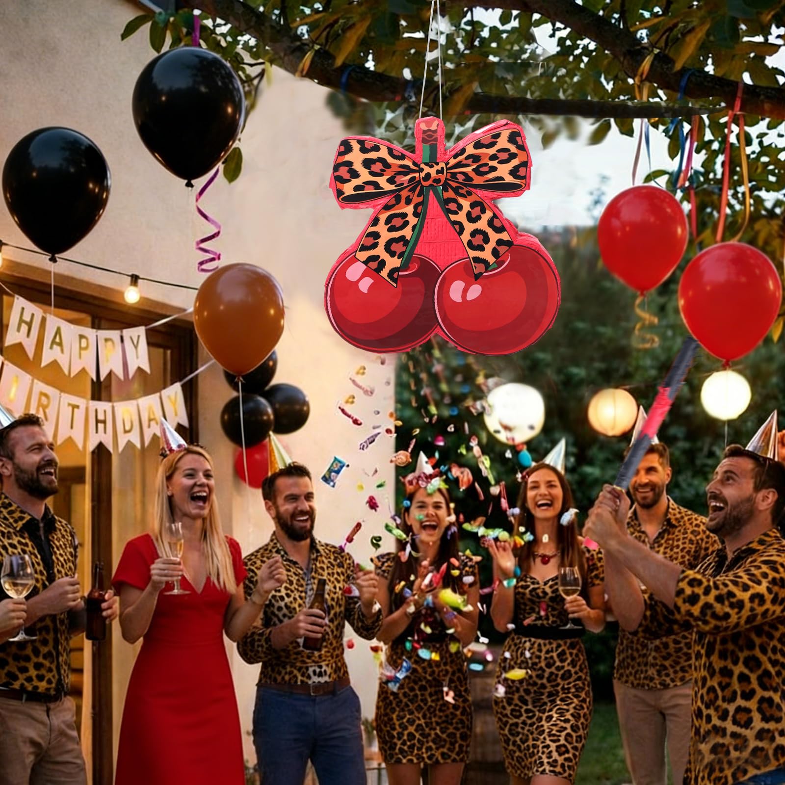 VioraWhite Juego de piñata con estampado de leopardo y cereza, juego de piñata con palo de golpear los ojos vendados, estampado de guepardo, rojo y negro, decoración temática de fiesta para despedida