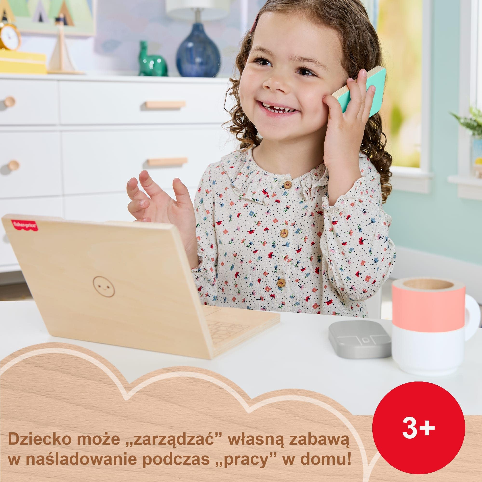 Fisher-Price Domowe biuro malucha Zestaw drewnianych zabawek z 9 elementami, w tym zabawka laptop i zabawka komórka do zabawy w naśladowanie dla dzieci od 3 roku życia, HXV11
