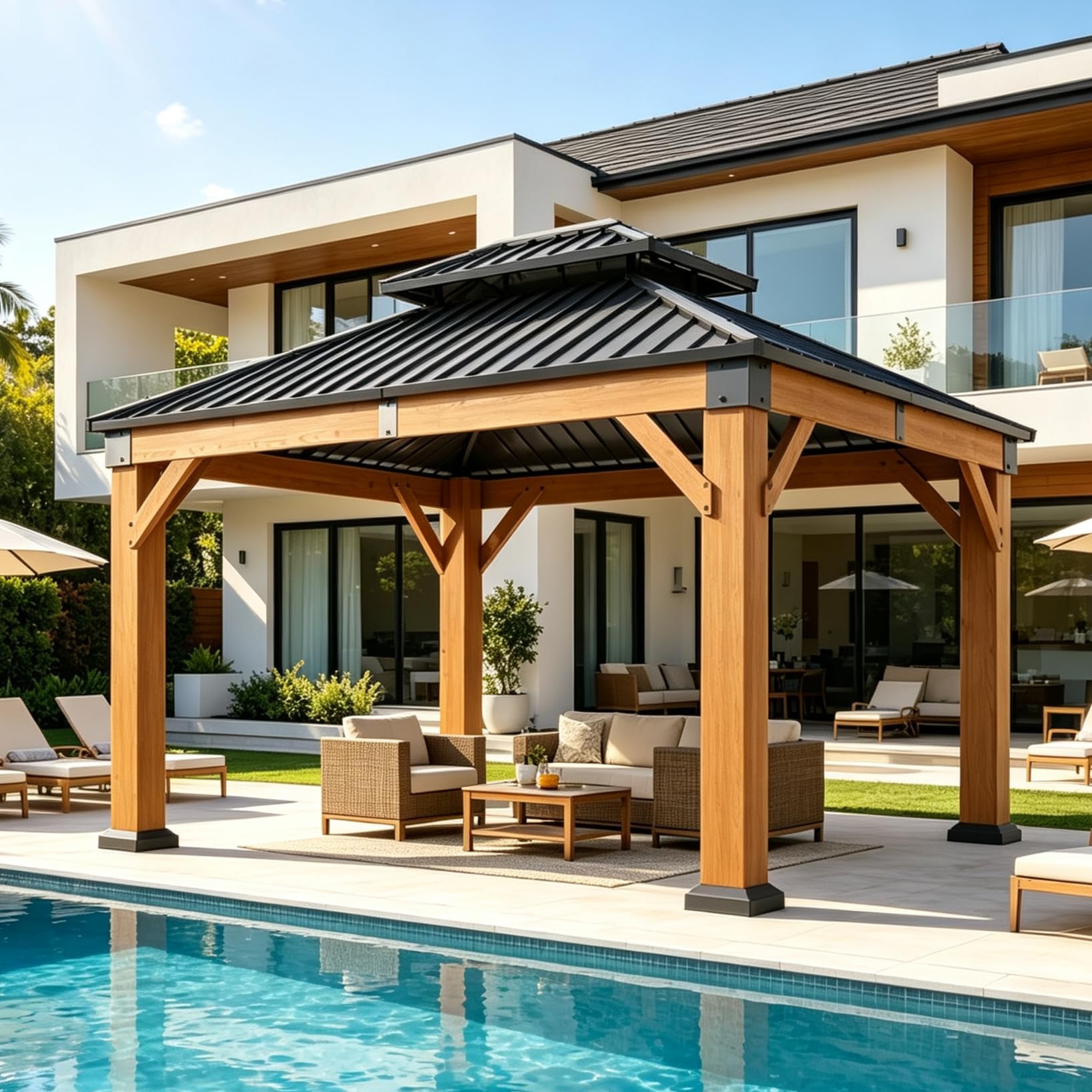 Aoxun 10' x 12' Patio Wood Gazebo Cedar Wood, Natural