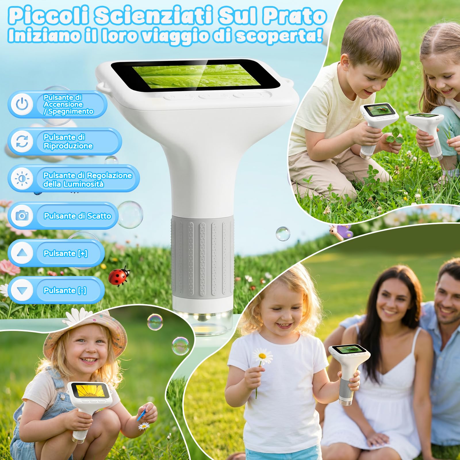 Microscopio Digitale Bambini 1000X, Schermo 3,0 Pollici (Bianco) | Microscopio Portatile con Videos, Funzione Fotografica e Compatibilità PC per Giardini, Boschi e Attività all'Aperto