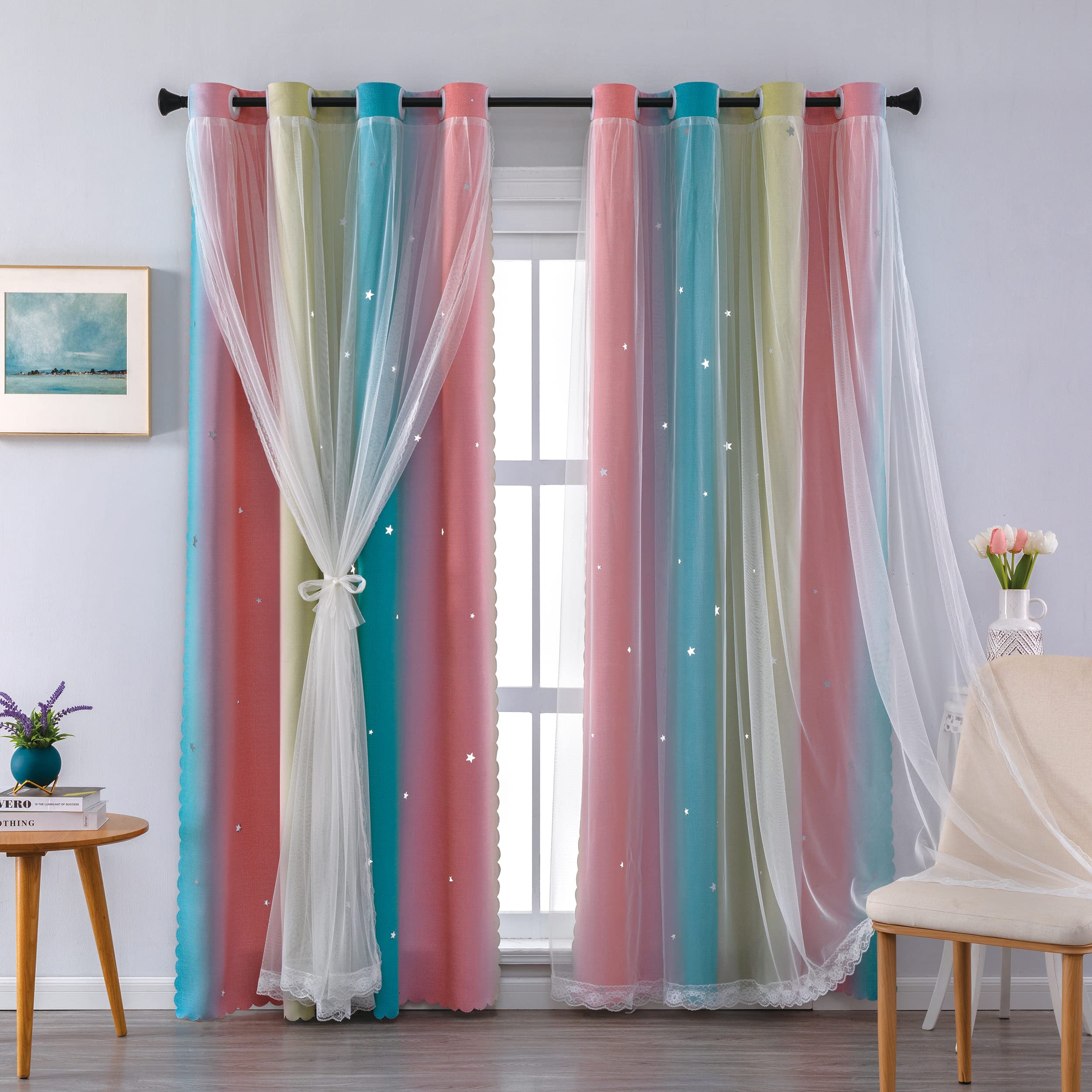 XiDi Curtains for Girls Bedroom Decro,Blackout for 84 Inches Long for Kids Room, Colorful Rainbow Style, Unicorn Wall Decor Ombre Curtains, Princess Room Pink/Blue