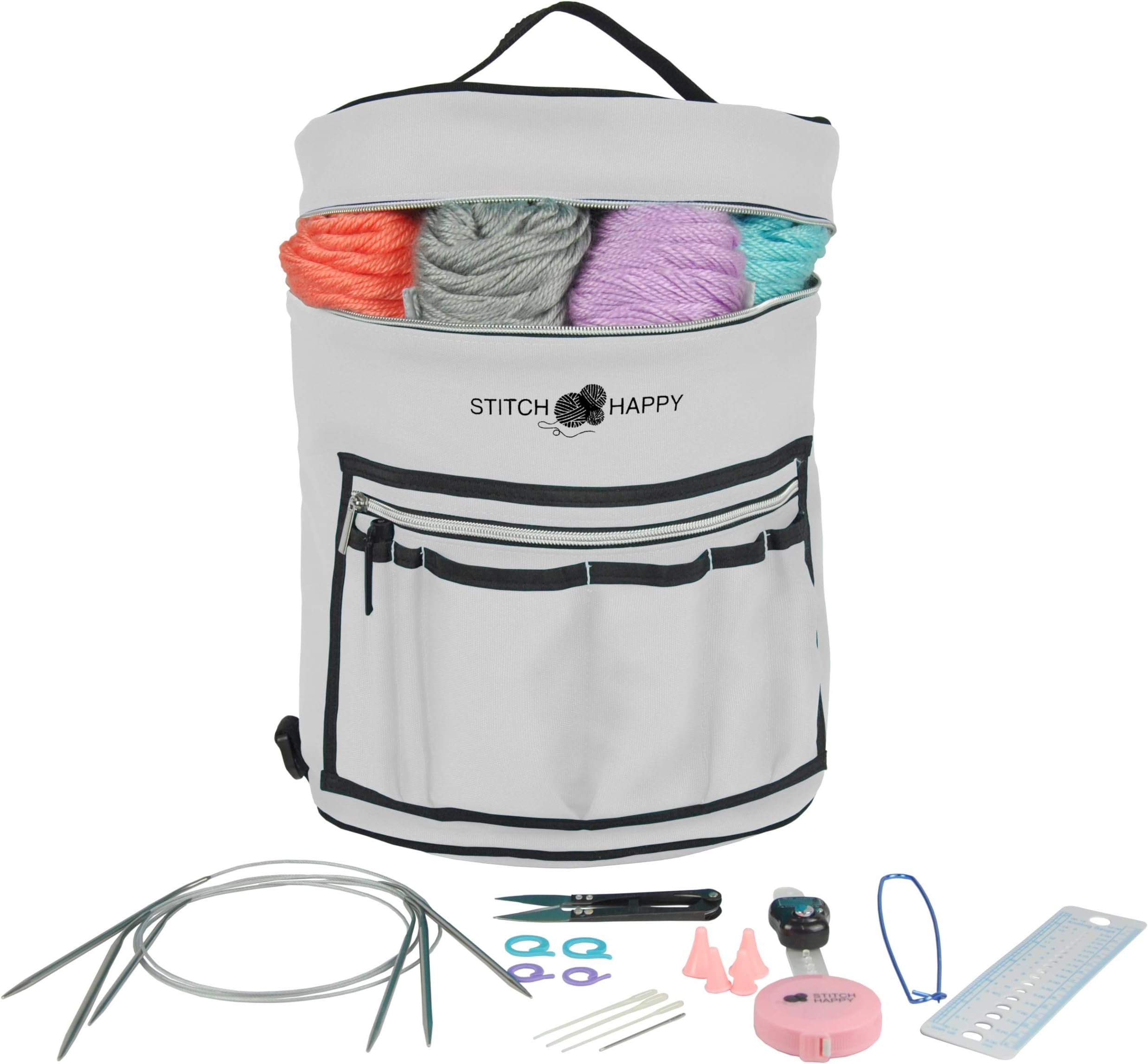 Designer Stitch Happy Knitting Starter Kit: 20 Piece Knitting Kit for Beginners & 7 Pocket Yarn Bag, Signature Yarn Storage - Gray