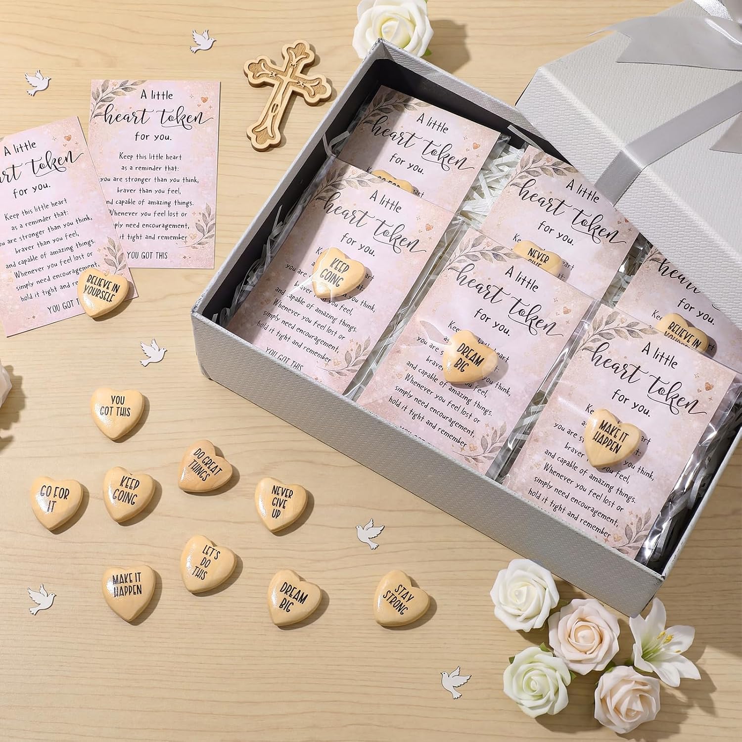 50 Sets Christian Gifts Bulk Religious Wooden Heart Token Pocket Hug with Inspirational Card Jesus Bible Verse Gift for Women Pastor Prayer Sunday School Church Vbs Party Favor