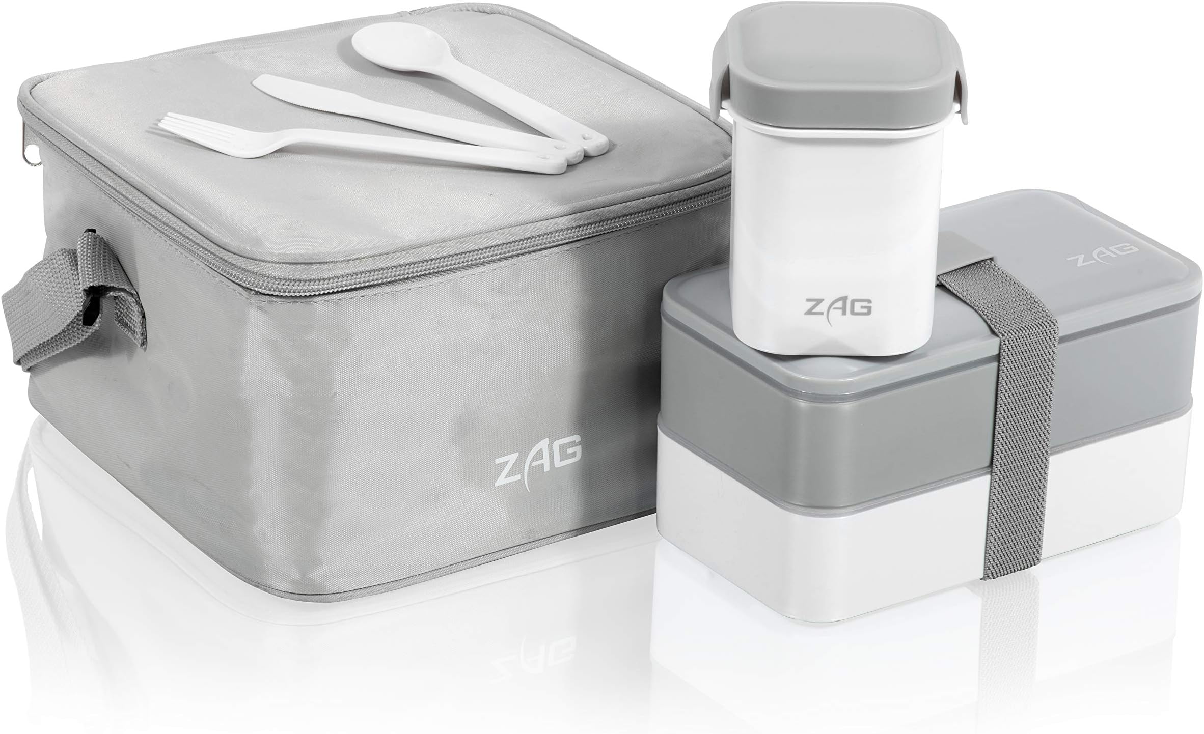 Lunch Box Japanese Bento with 2 Tier Compartments, Leak Proof Soup/Drink Container, Cool Bag, Reusable Cutlery BPA Free Microwave Safe Plastic for Kids Adults Work School (Silver/Grey)