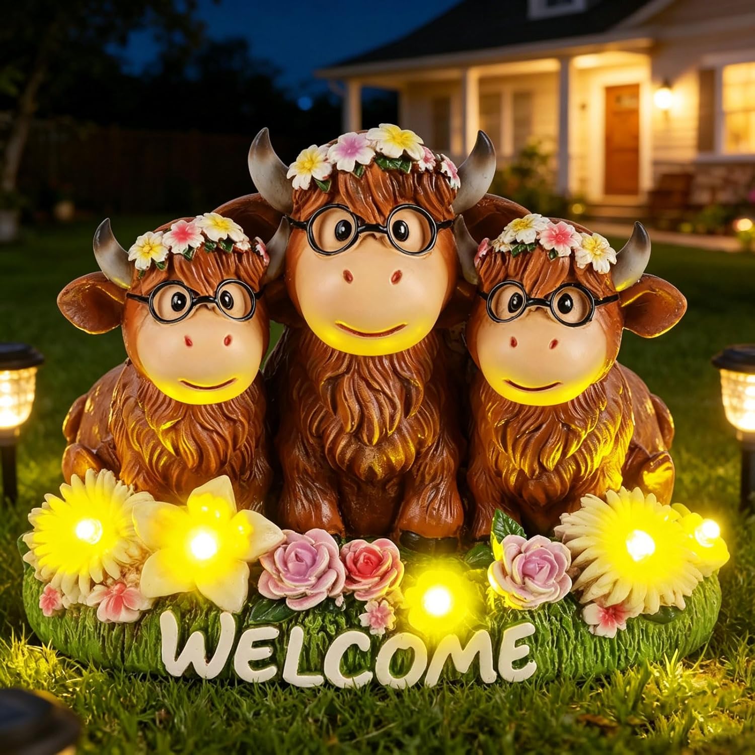 Highland Cow Decor Solar Garden Statue 5.3",Funny Resin Cow Family Figurine with Glasses & Welcome Sign,Cute Farmhouse Outdoor Yard Art for Patio Porch Lawn,Housewarming Birthday Gifts for Women Mom