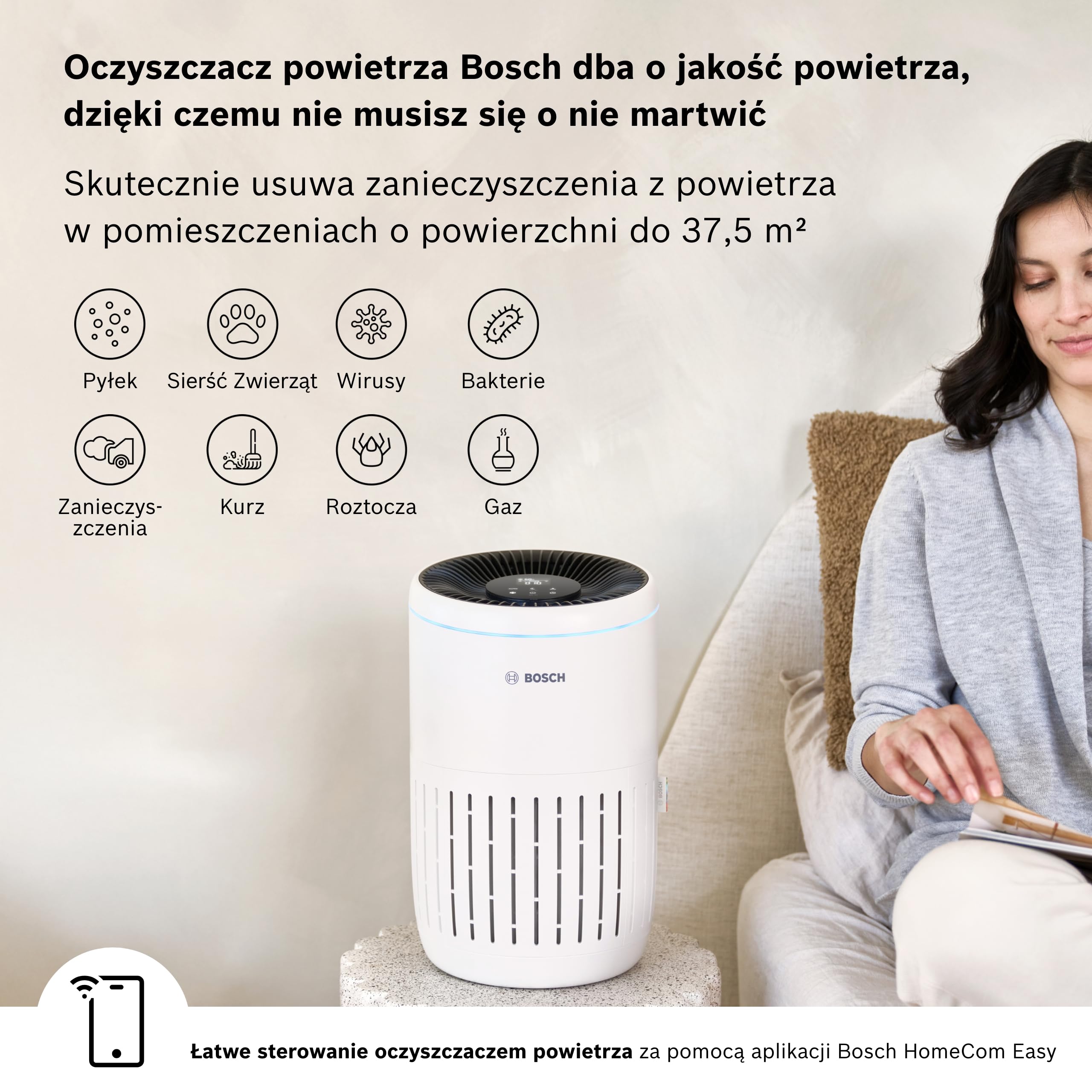 Bosch Air 2000i, oczyszczacz powietrza z aplikacją, do 37,5 m² | Z filtrem powietrza 3 w 1, czujnikiem inteligentnym, trybem automatycznym, trybem cichym (< 25 dB(A)), CADR: 180 m³/h
