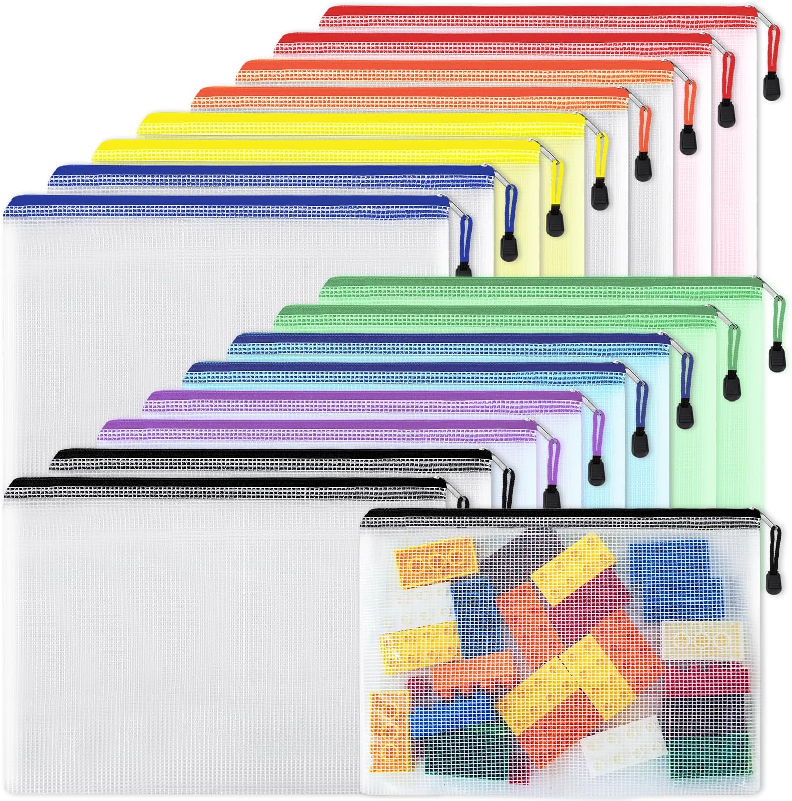16pcs Mesh Zipper Pouch Document Bag, Waterproof Zip File Folders, Letter Size/A4 Size, For Office Supplies, Travel Storage Bags, 8 Colors