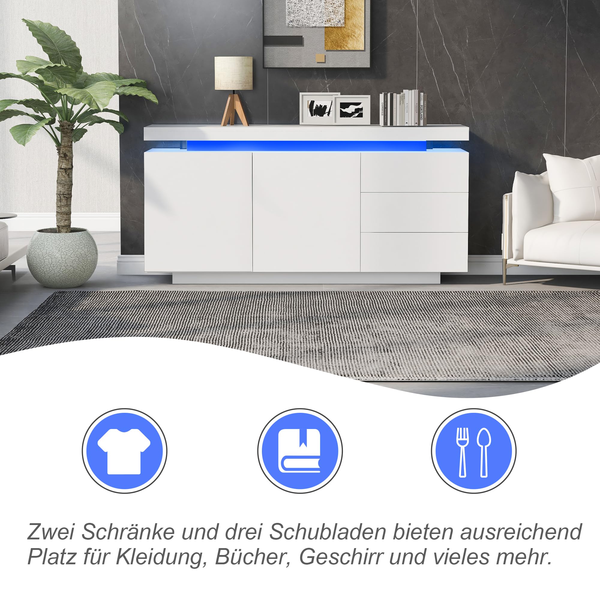 Azkoeesy Blanco Brillo - Aparador 140 cm con iluminación LED, Cómoda con 3 cajones y 2 Puertas, Mueble TV Moderno, Buffet, para salón, Comedor